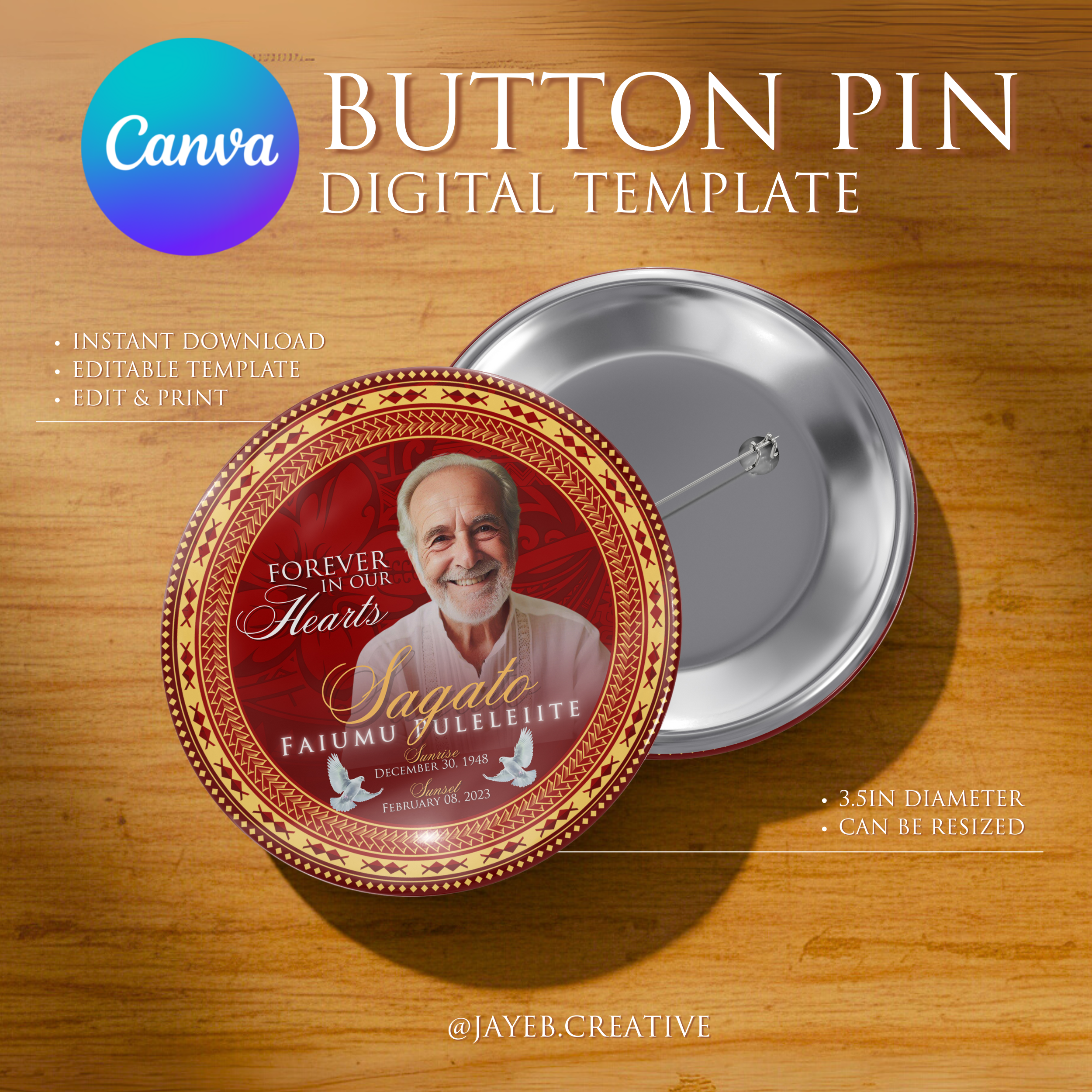 Memorial Button Template – Red Yellow Tribal | Canva Digital Download