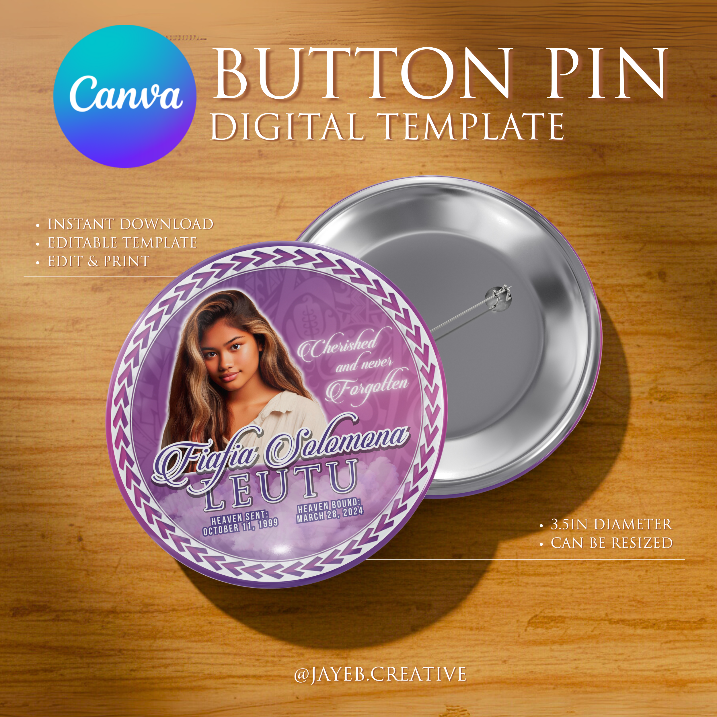 Memorial Button Template – Purple & Pink Gradient Tribal | Canva Digital Download