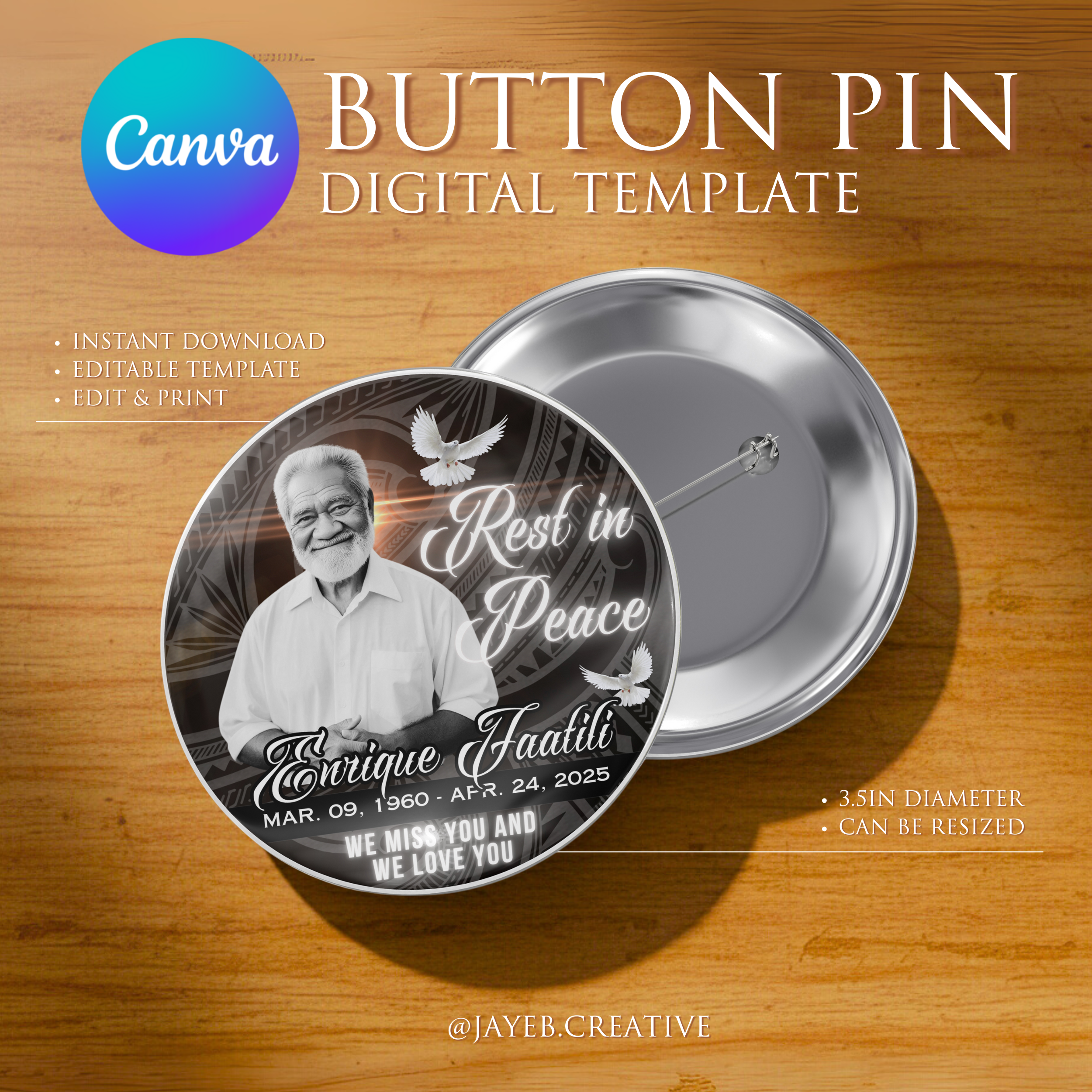 Memorial Button Template – Black & Dove Design | Canva Digital Download