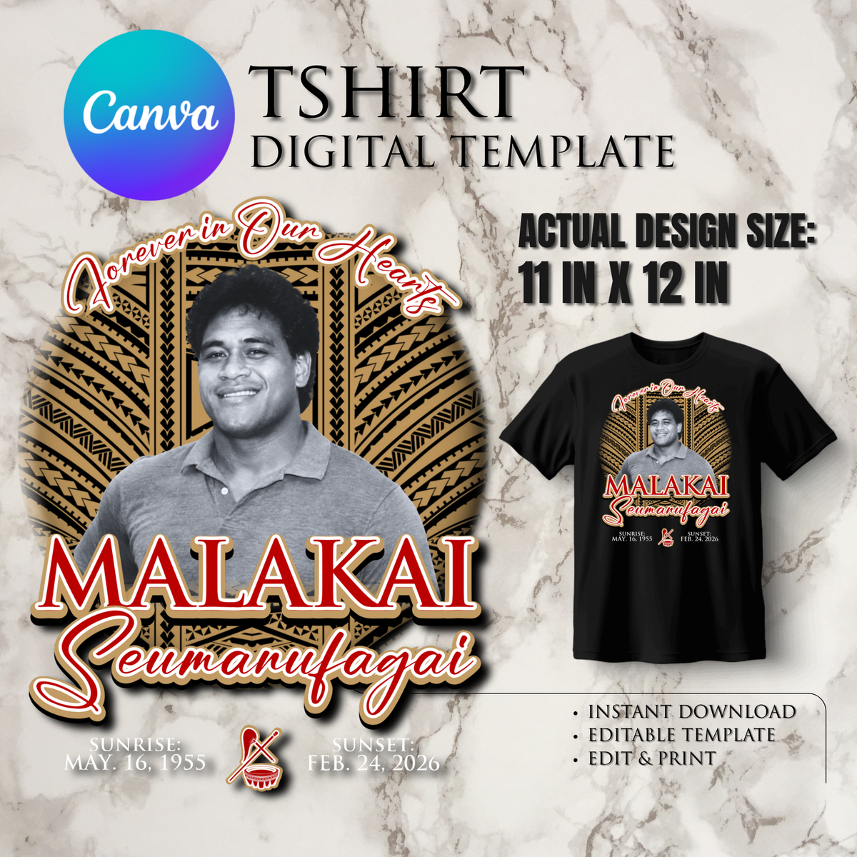 Memorial T-Shirt Design -  Red & Gold Tribal | For DTF Print - Canva Editable