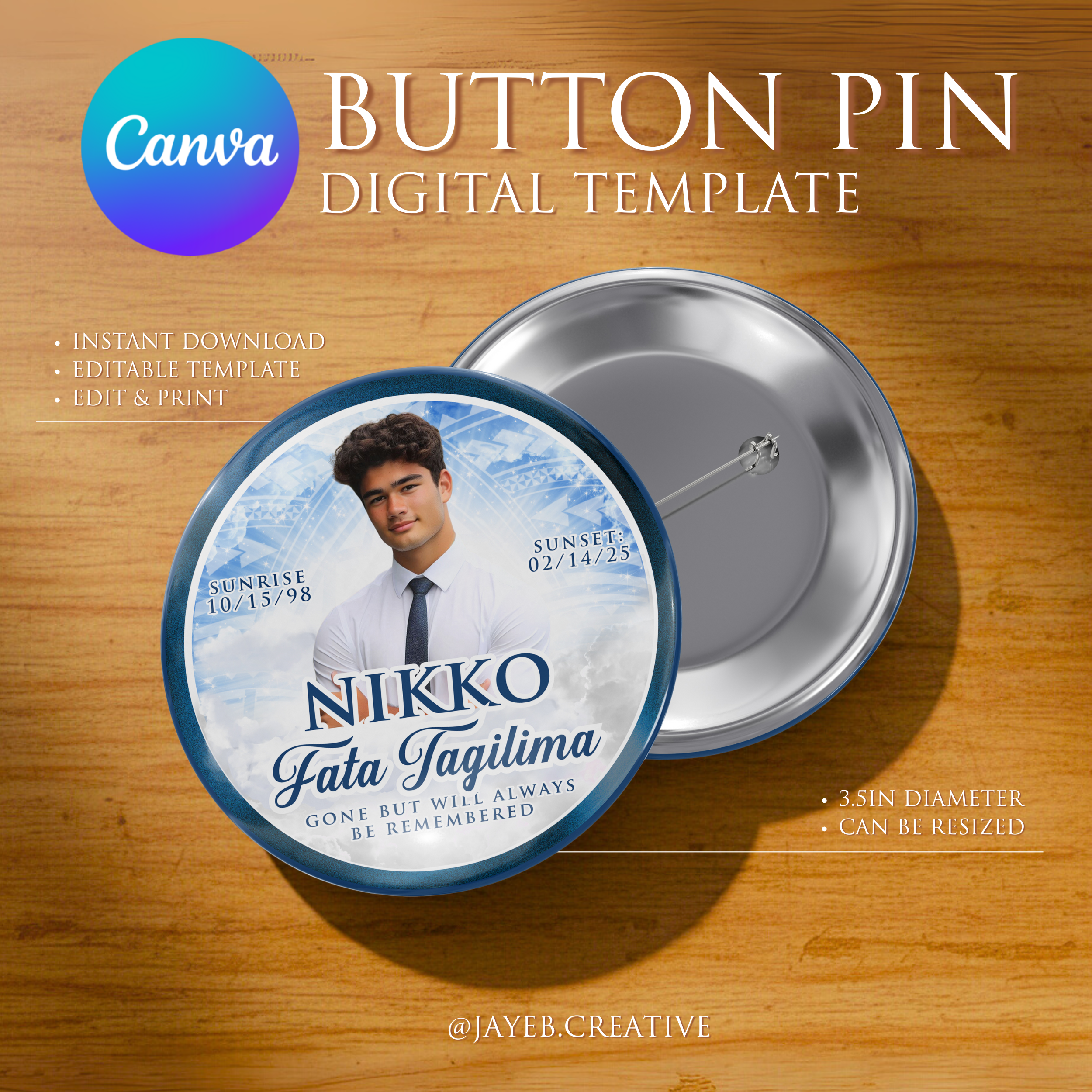 Memorial Button Template – Royal Blue Tribal | Canva Digital Download