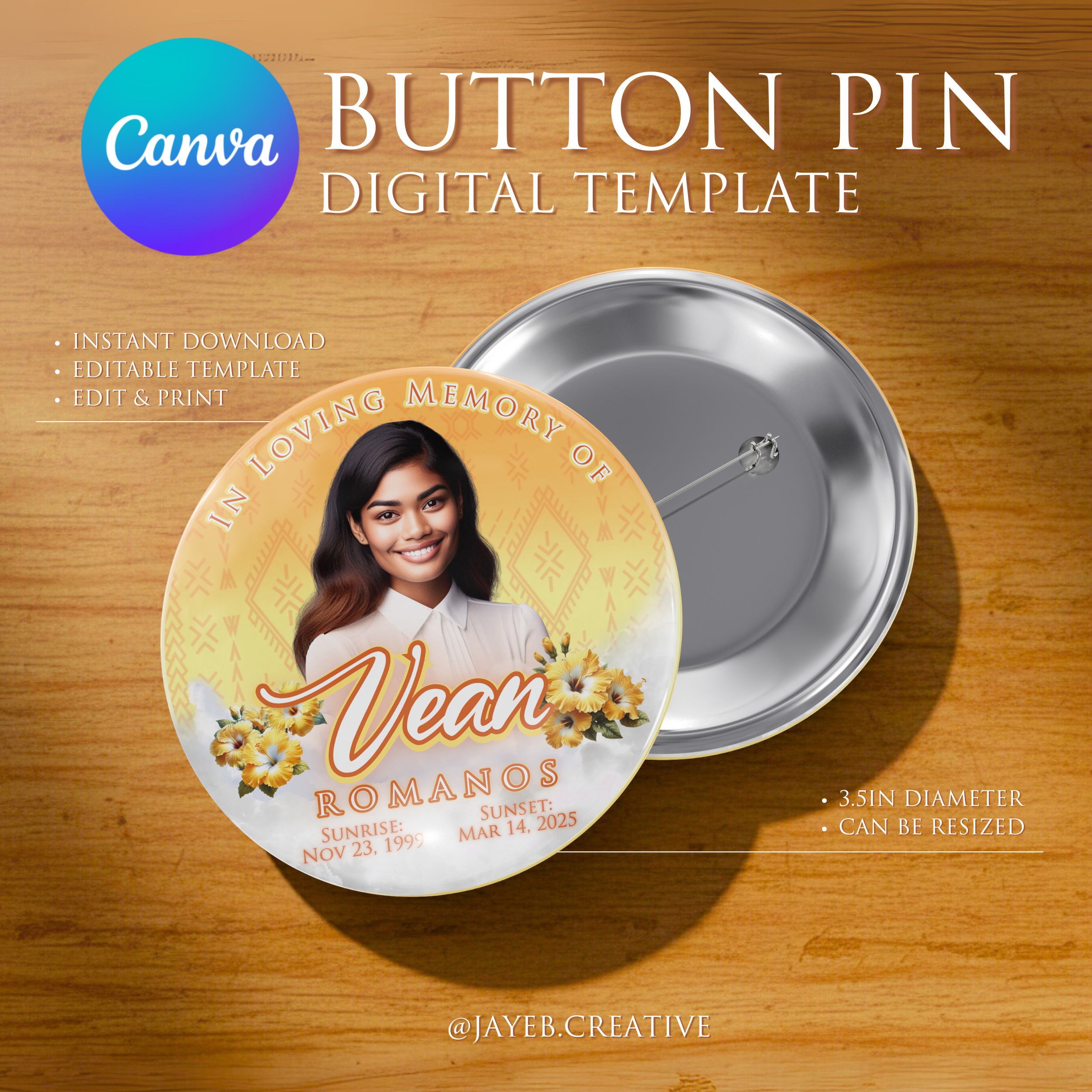 Memorial Button Template – Yellow Hibiscus Tribal | Canva Digital Download