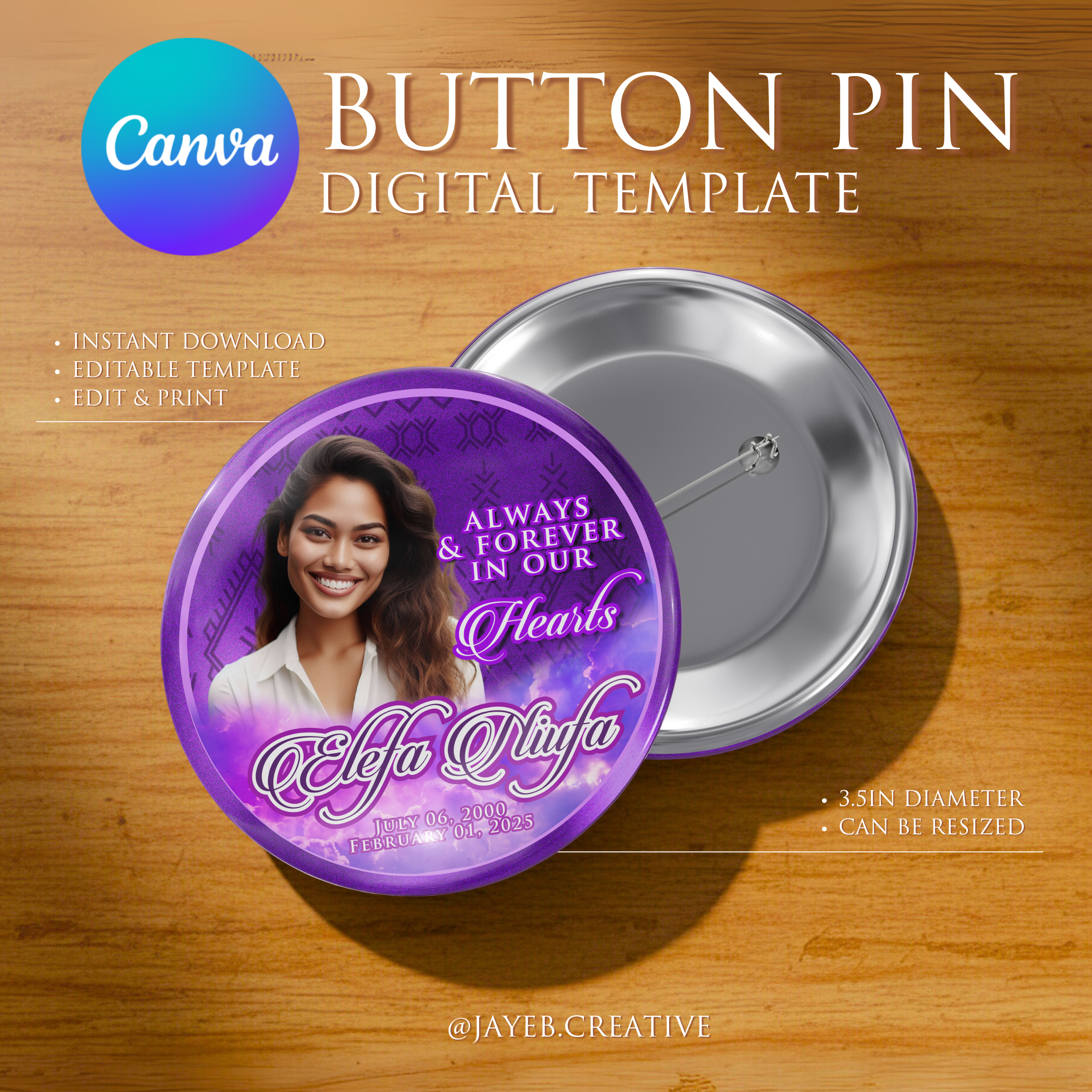 Memorial Button Template – Metallic Purple Tribal | Canva Digital Download