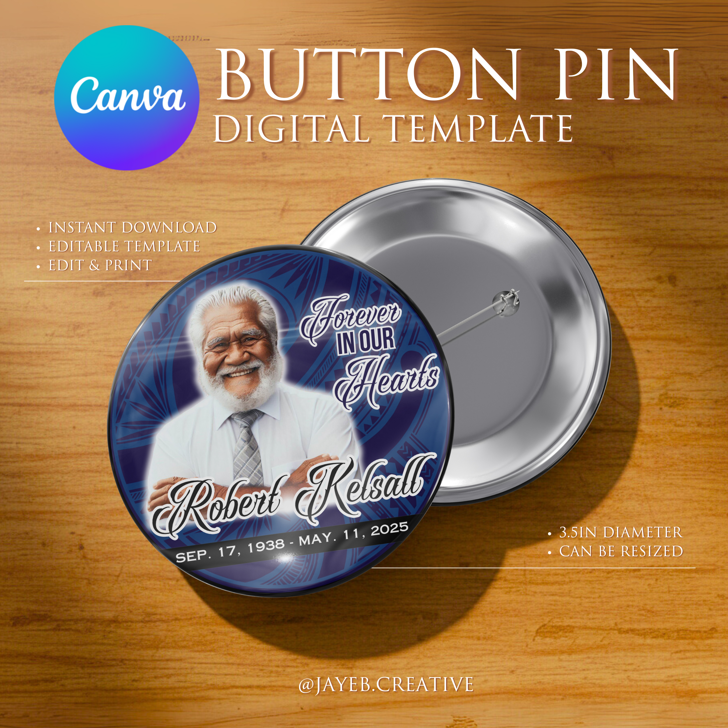 Memorial Button Template – Blue Polynesian Tribal  | Canva Digital Download