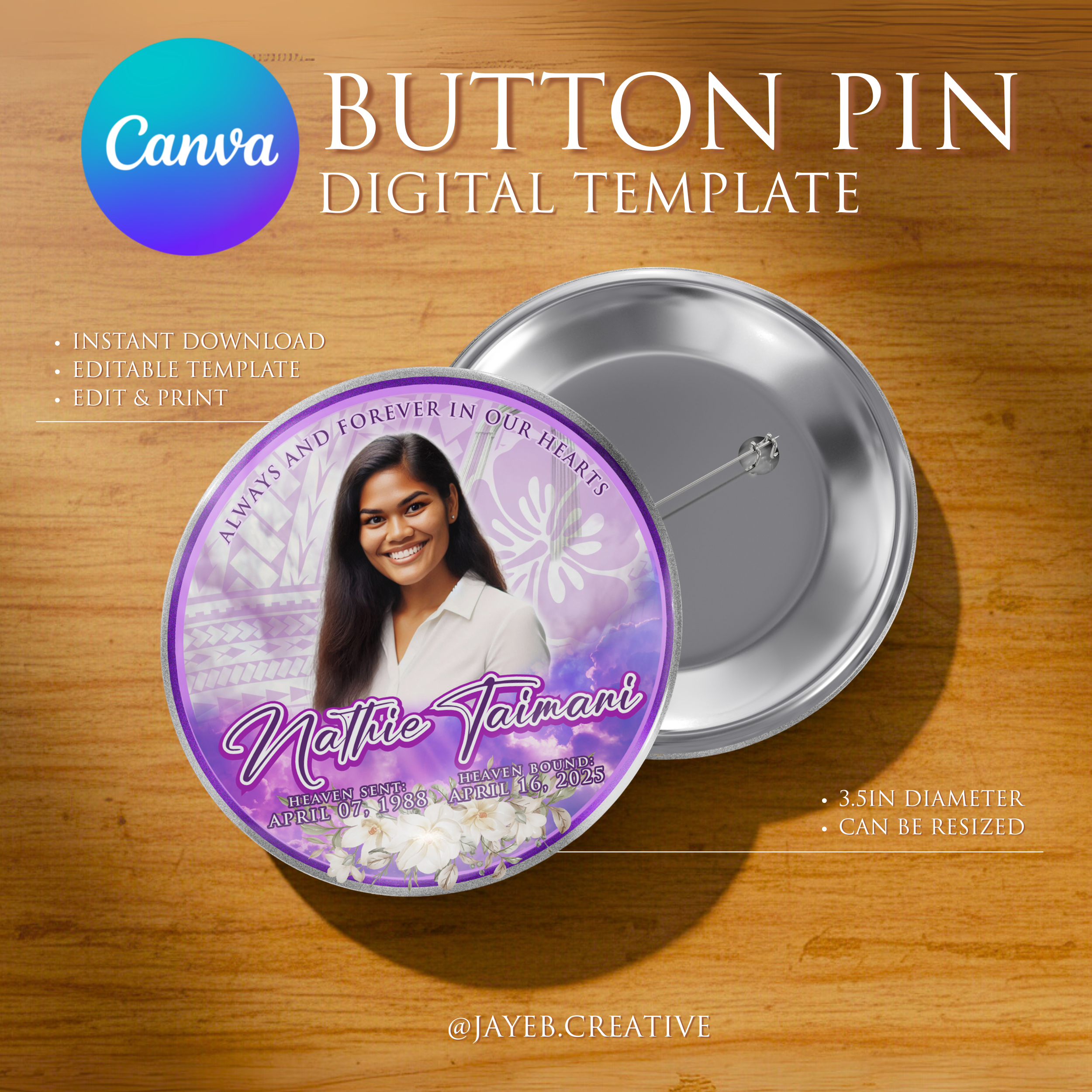 Memorial Button Template – Purple Floral Polynesian Tribal | Canva Digital Download