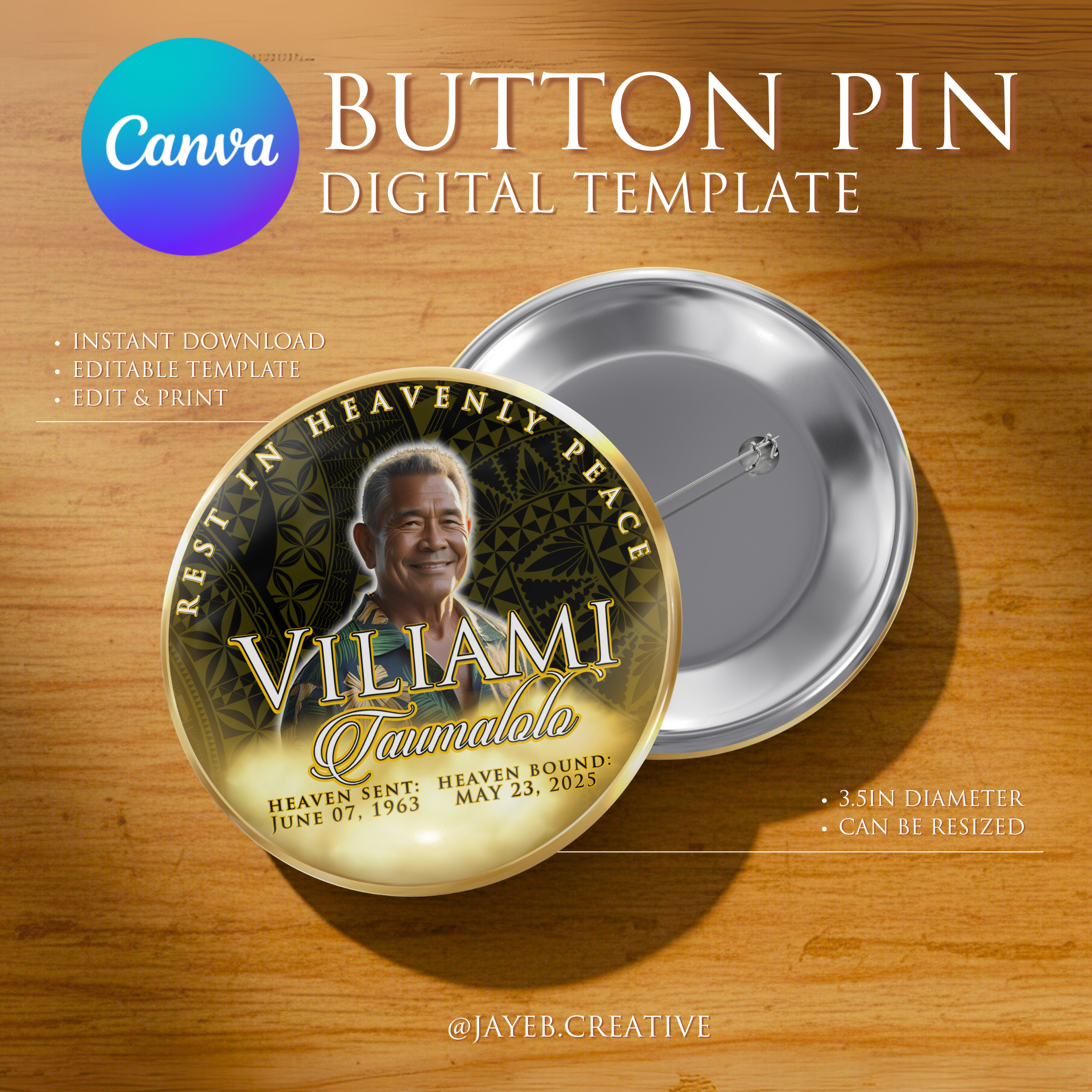 Memorial Button Template – Black Gold Tribal | Canva Digital Download