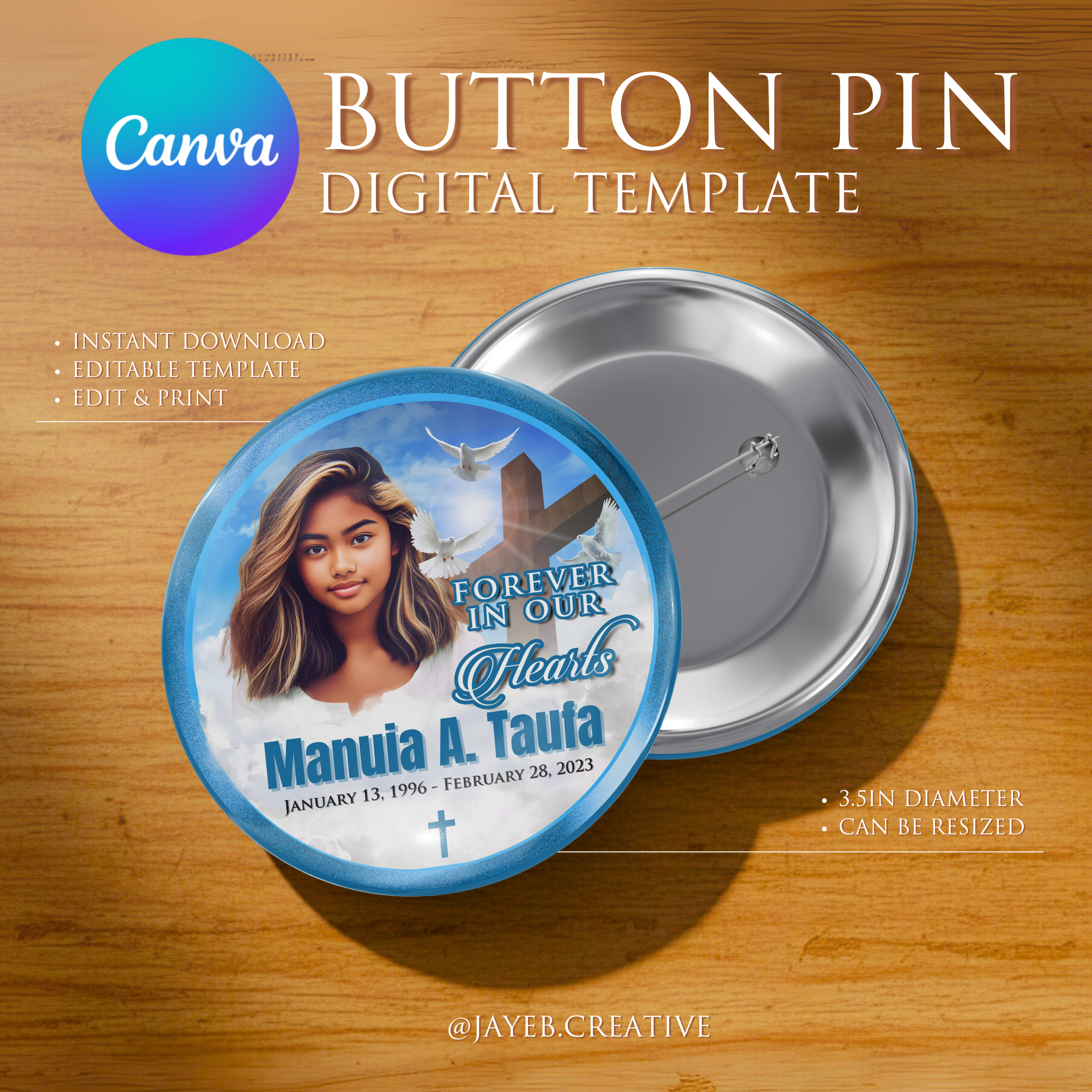 Memorial Button Template – Sky Blue Cross Tribal | Canva Digital Download