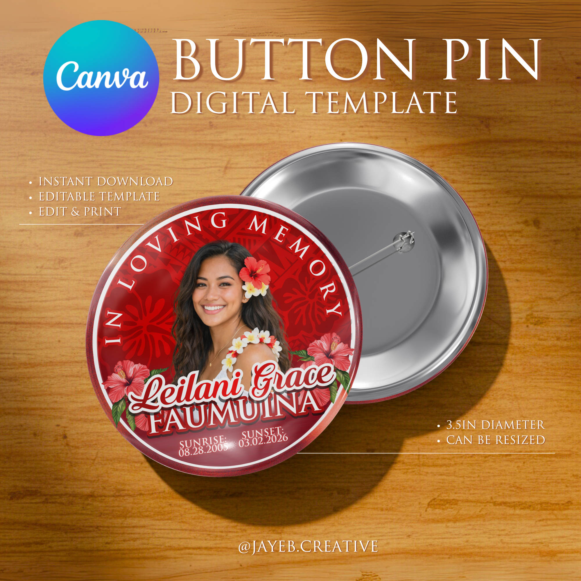 Memorial Button Template – Red Tropical Hibiscus Tribal | Canva Digital Download