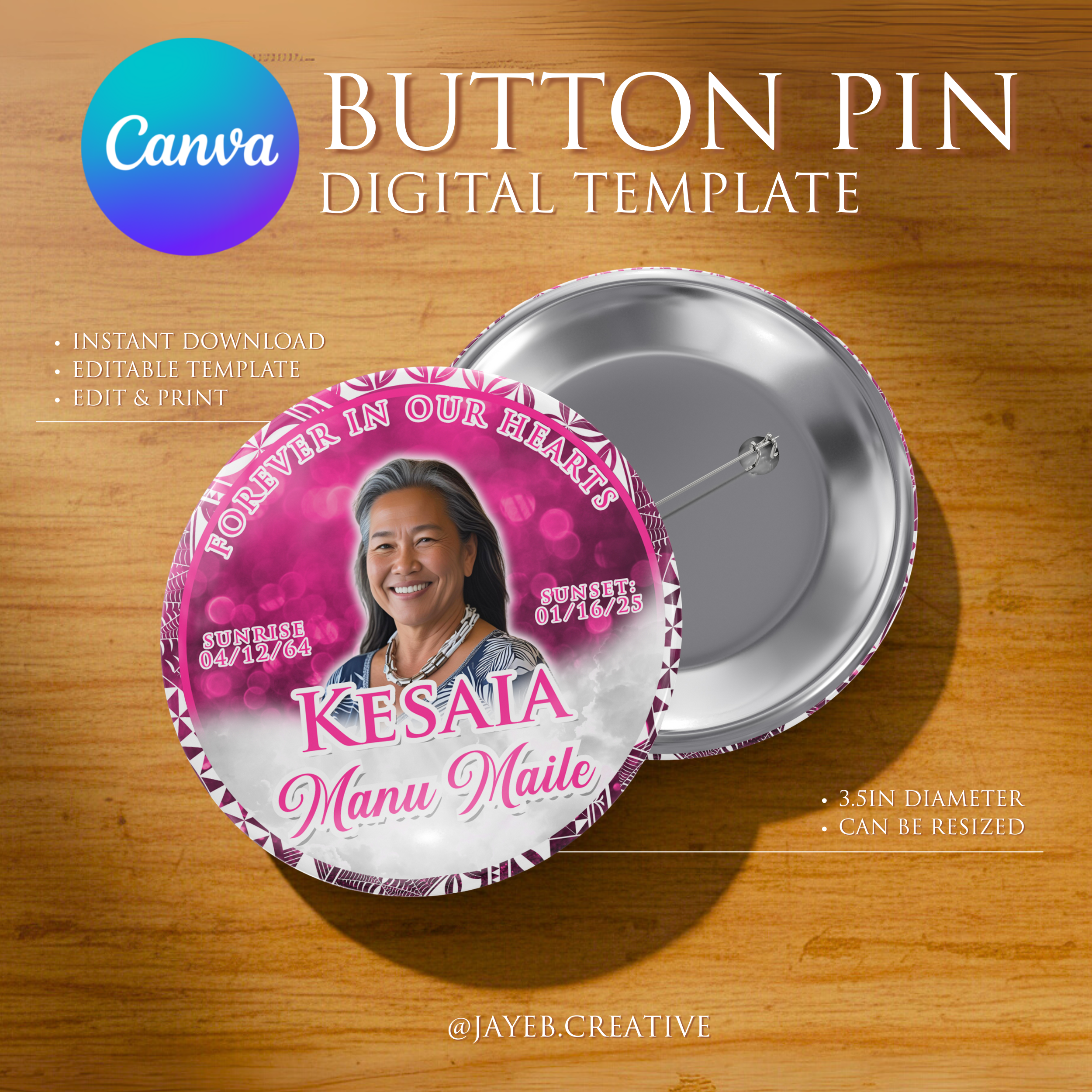 Memorial Button Template – Pink Tribal | Canva Digital Download