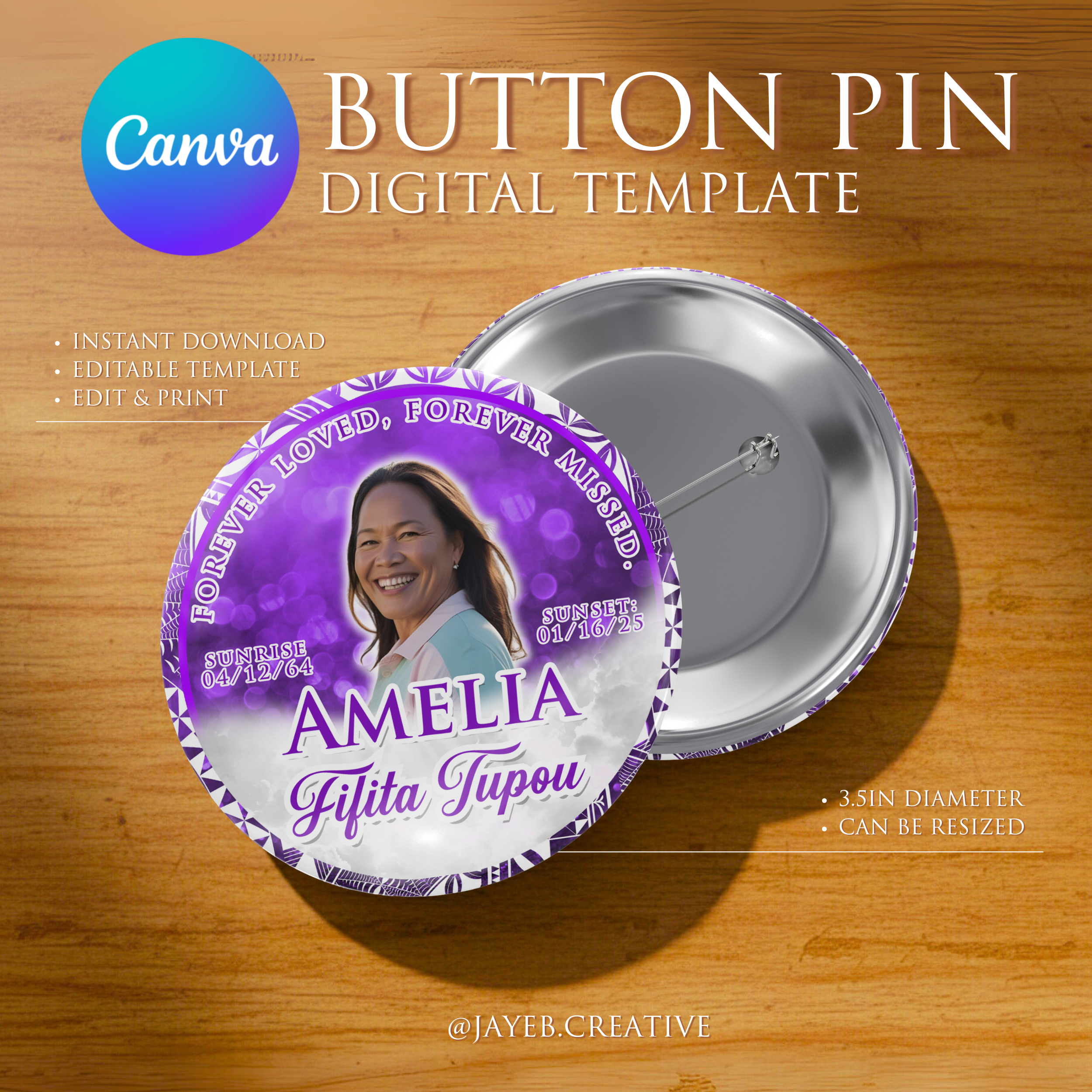 Memorial Button Template – Purple Tribal | Canva Digital Download