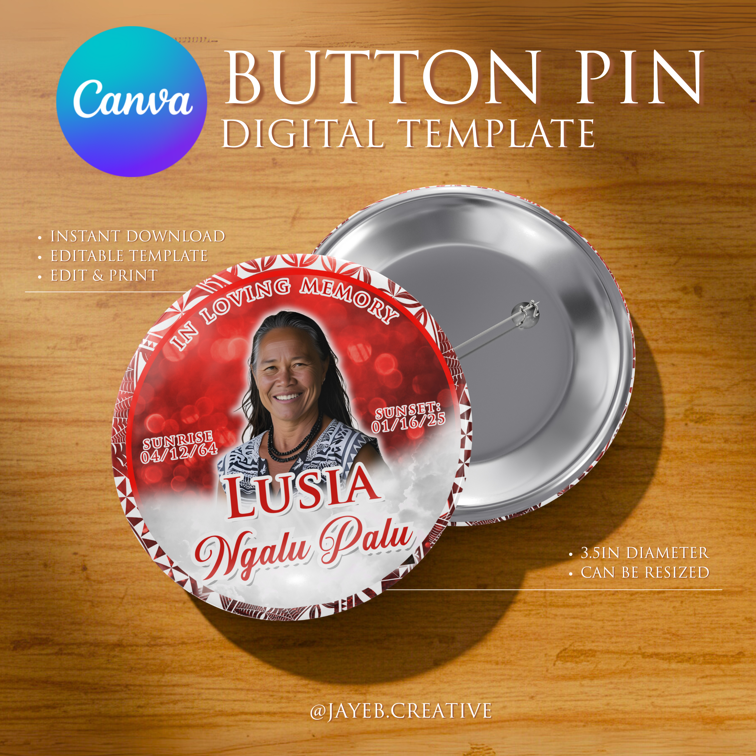 Memorial Button Template – Red Tribal | Canva Digital Download