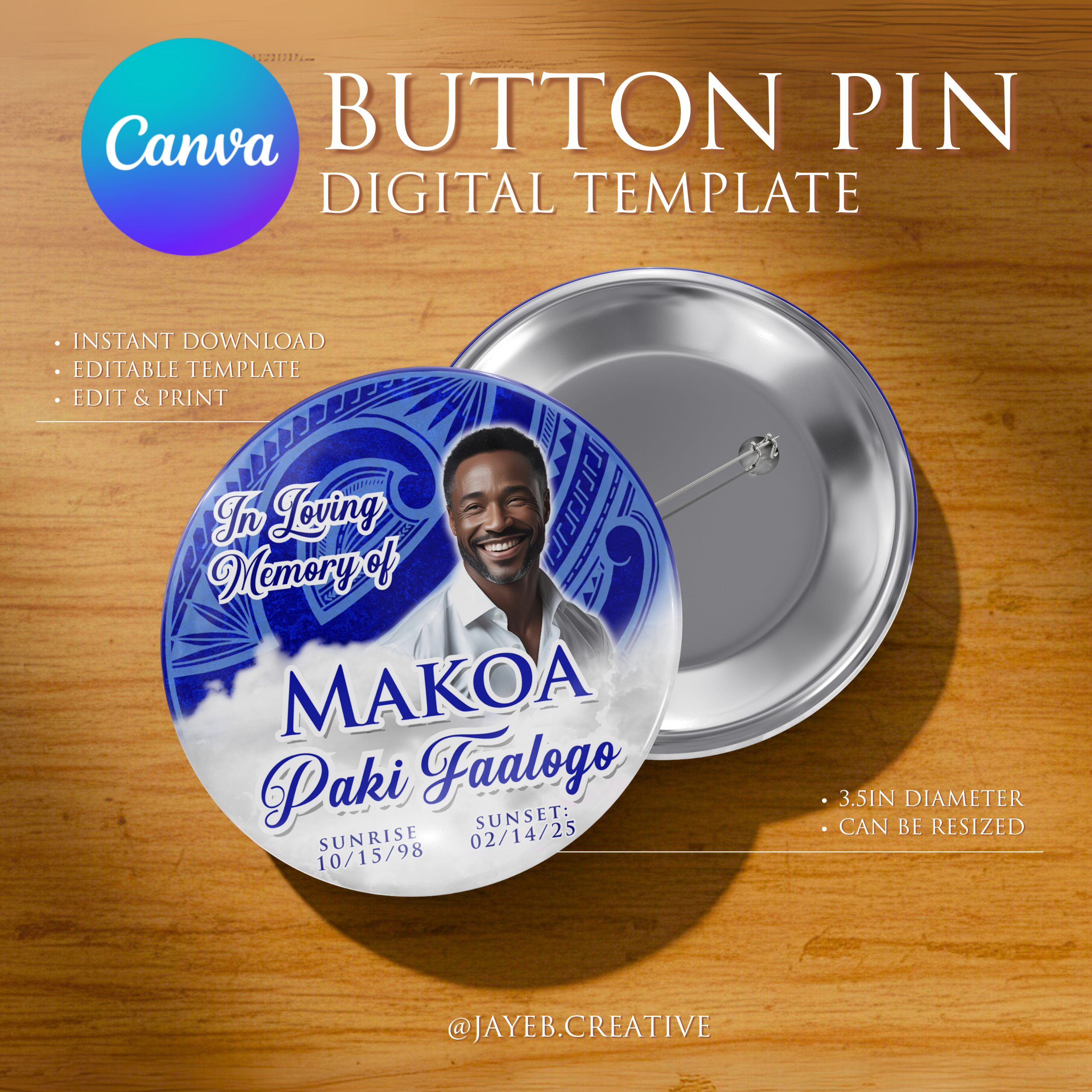 Memorial Button Template – Blue/Clouds Tribal | Canva Digital Download