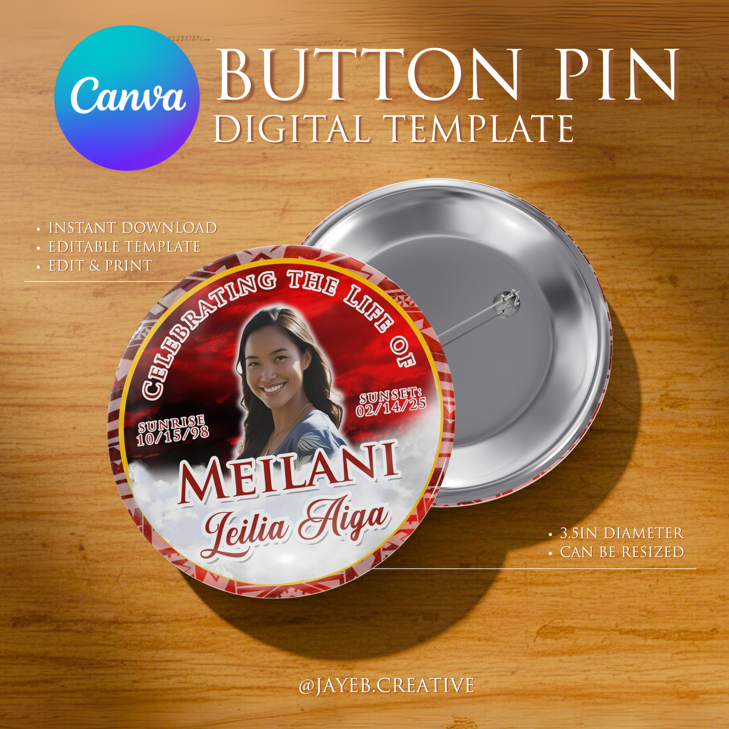 Memorial Button Template – Red/Gold Tribal | Canva Digital Download