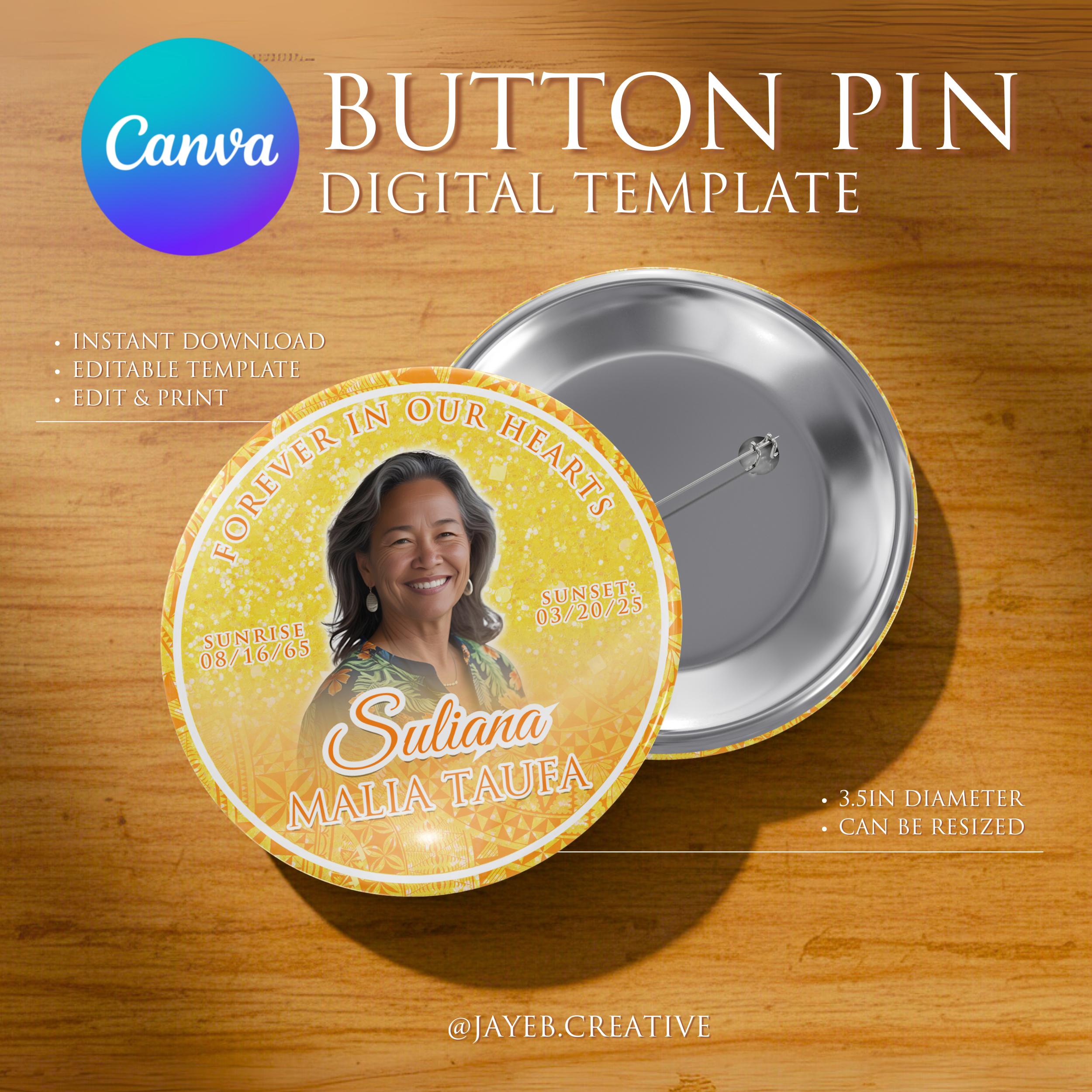 Memorial Button Template – Yellow Orange  | Canva Digital Download