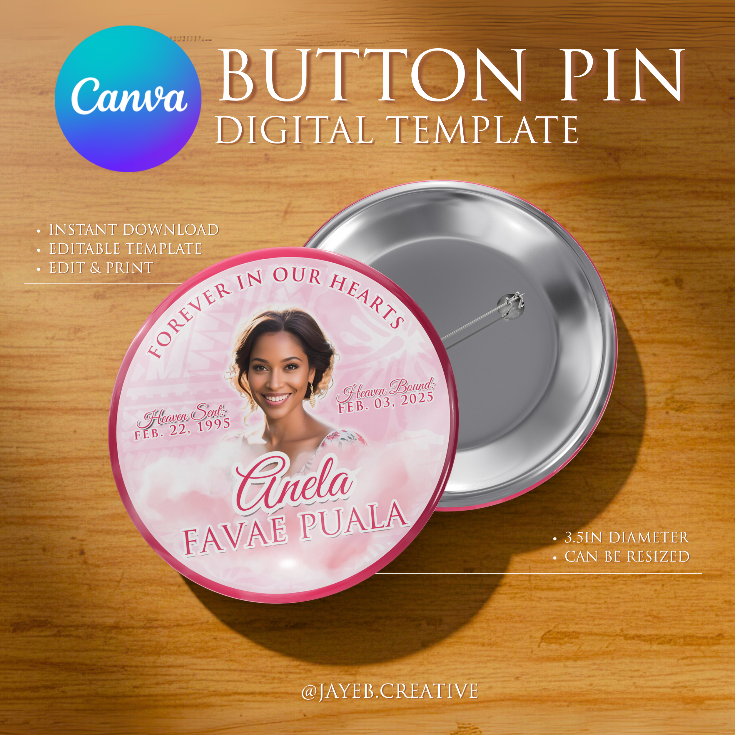 Memorial Button Template – Light Pink Tribal | Canva Digital Download