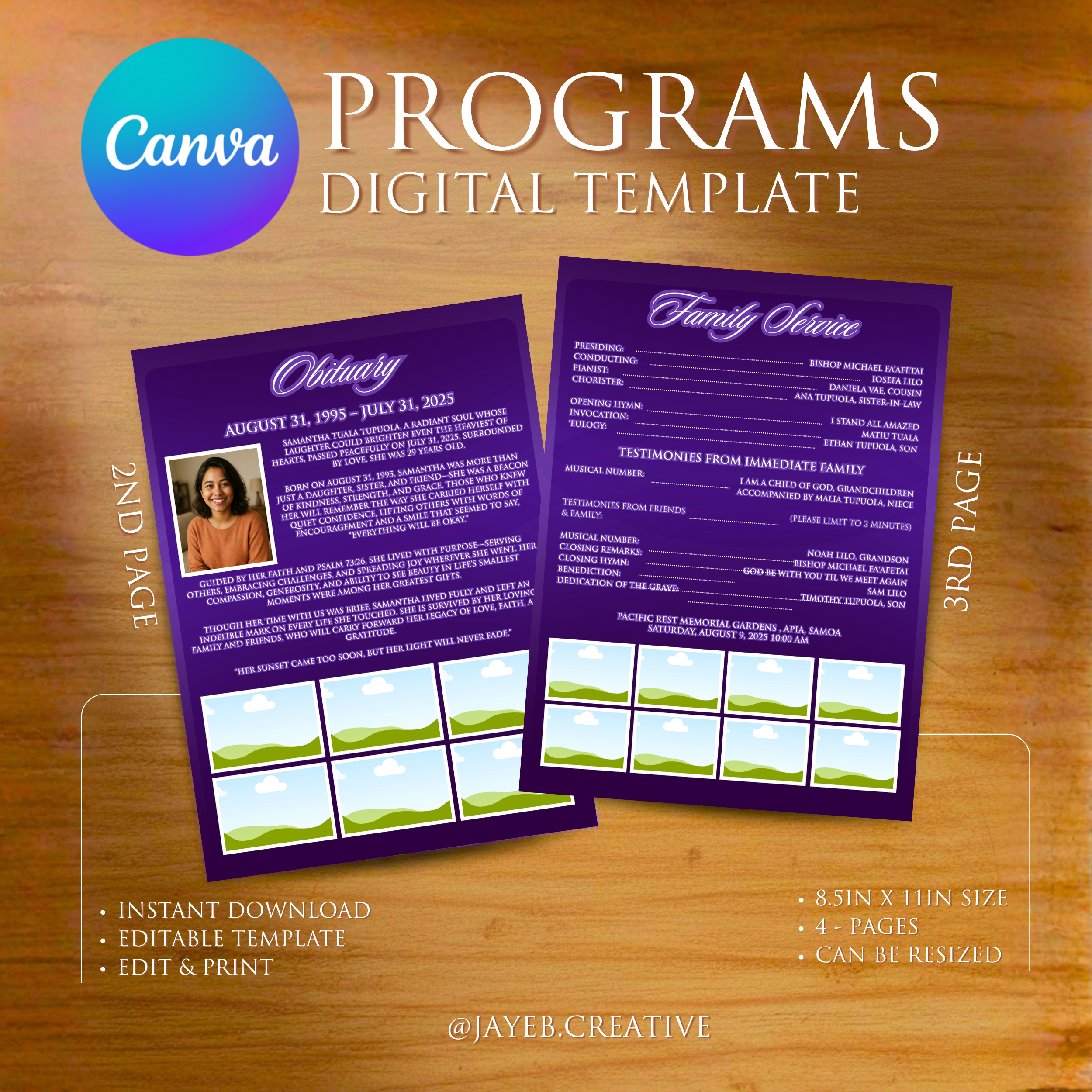 Funeral Program Template – Polynesian Purple Tribal | 4-Pages 8.5in x 11in Canva Editable
