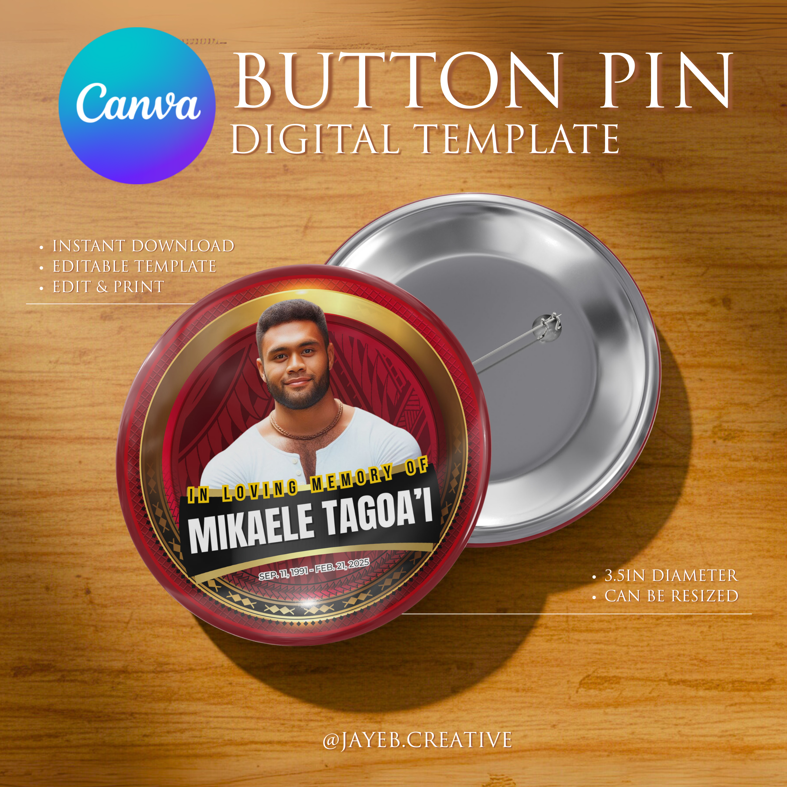 Memorial Button Template – Red & Gold Tribal  | Canva Digital Download
