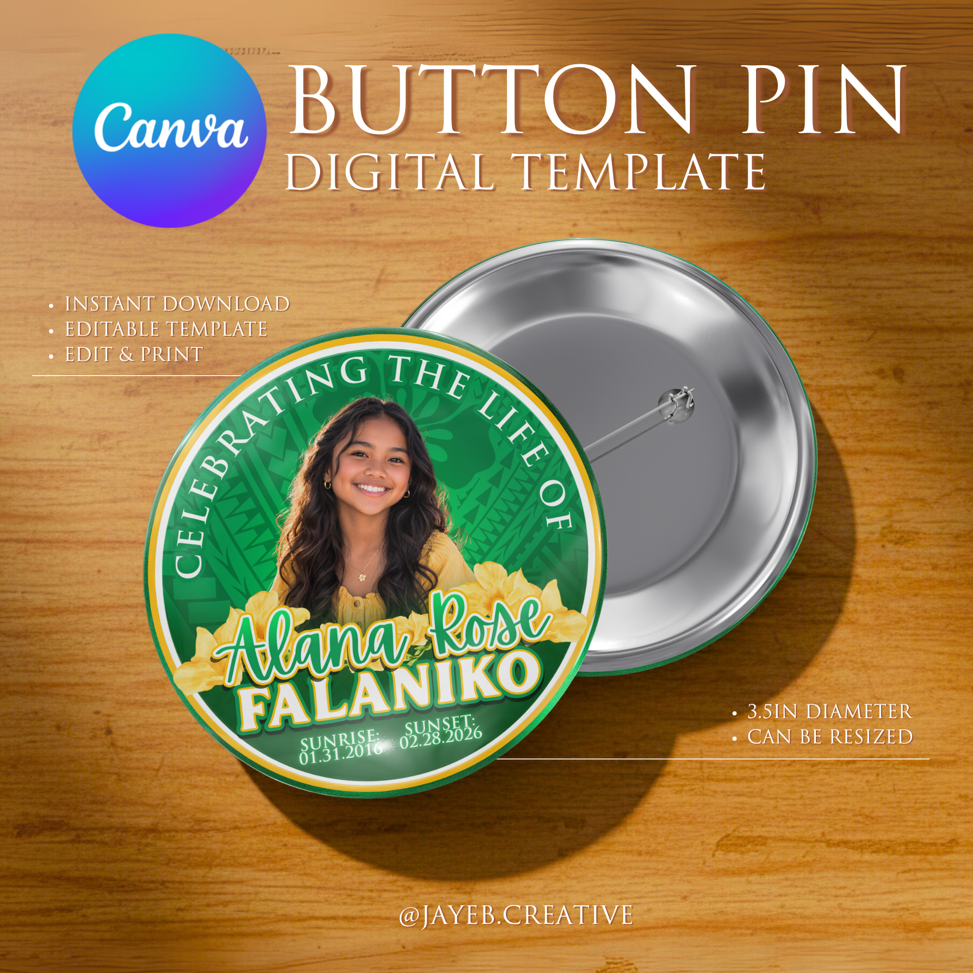 Memorial Button Template – Green Tropical Hibiscus Tribal | Canva Digital Download