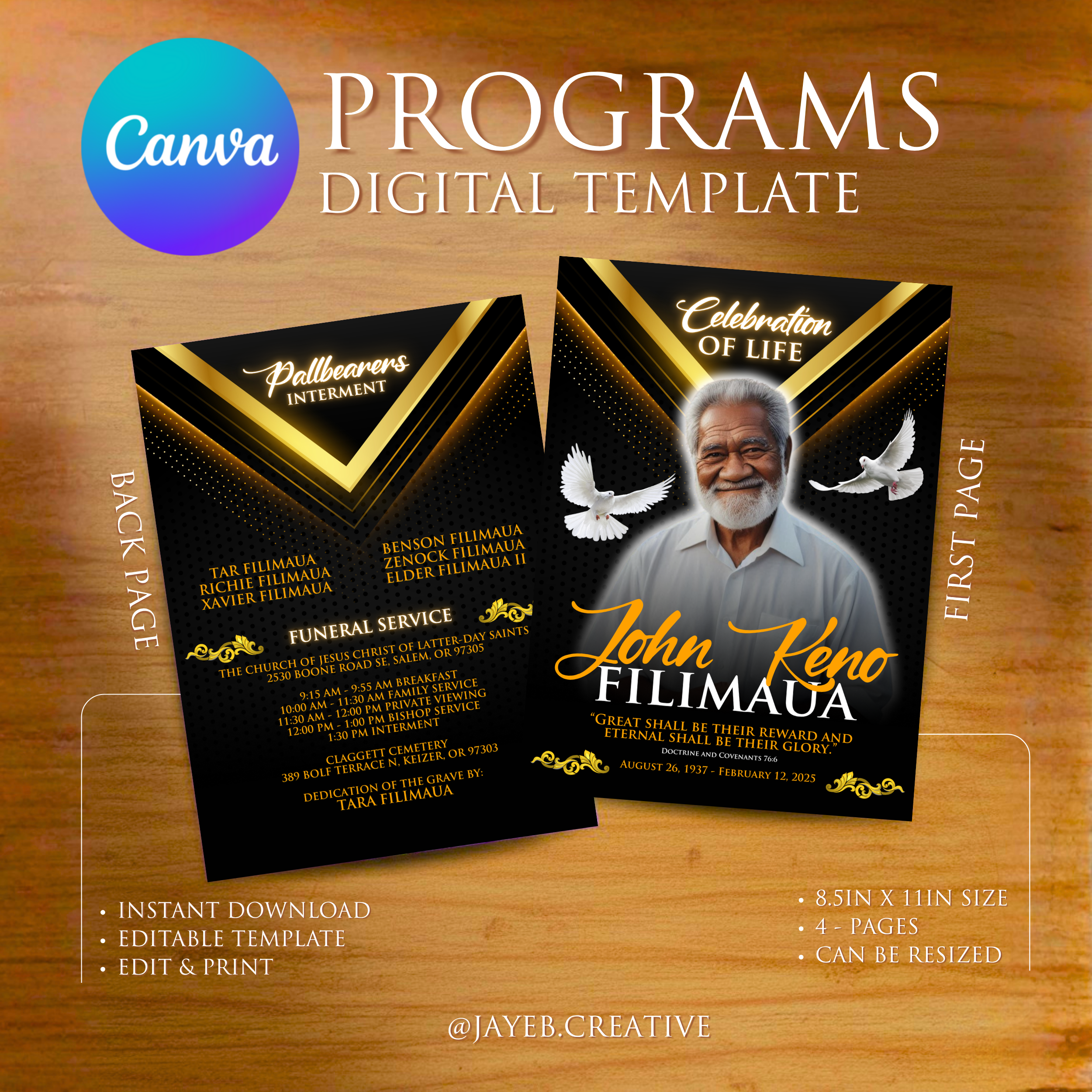 Funeral Program Template – Elegant Black & Gold | 4-Pages 8.5in x 11in Canva Editable