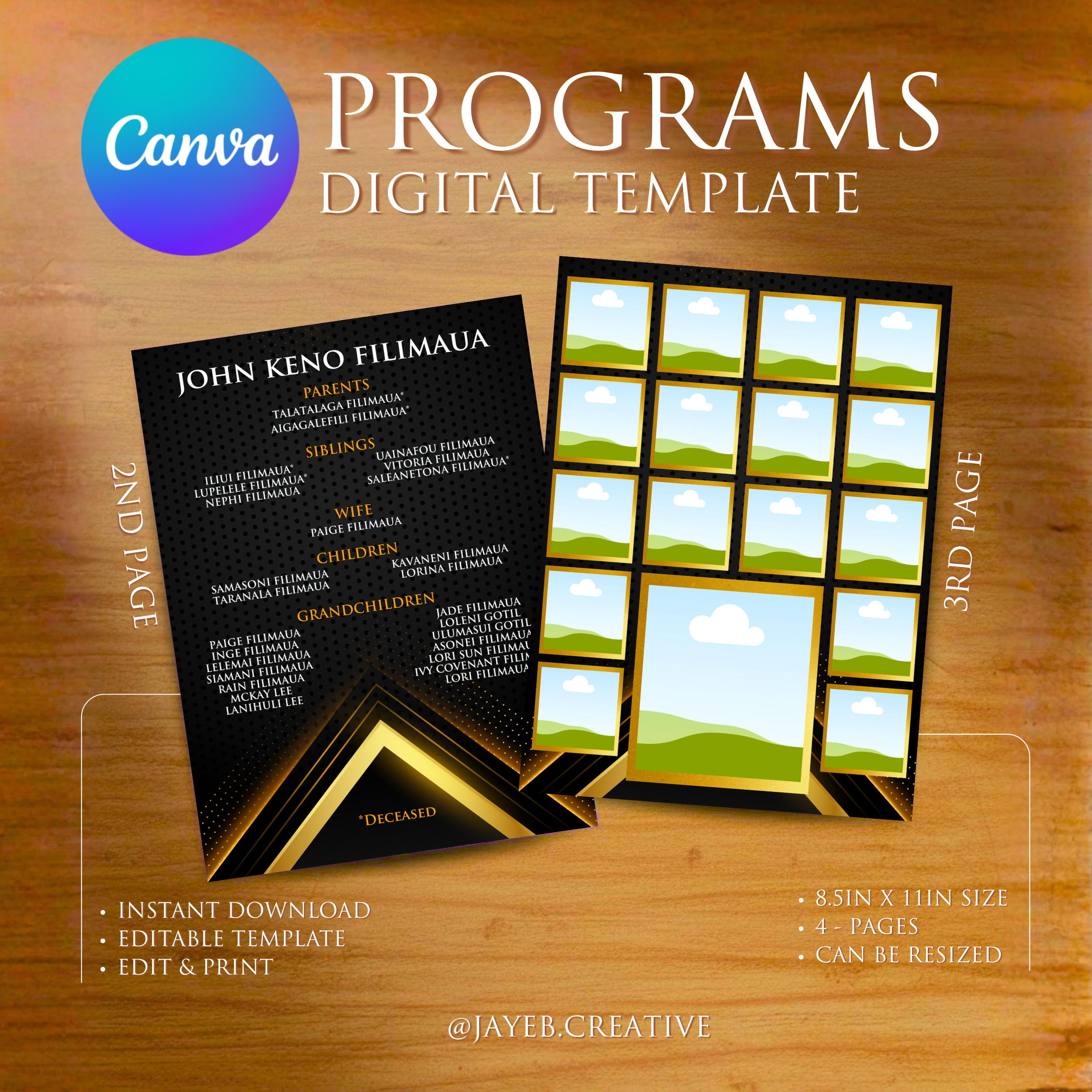Funeral Program Template – Elegant Black & Gold | 4-Pages 8.5in x 11in Canva Editable