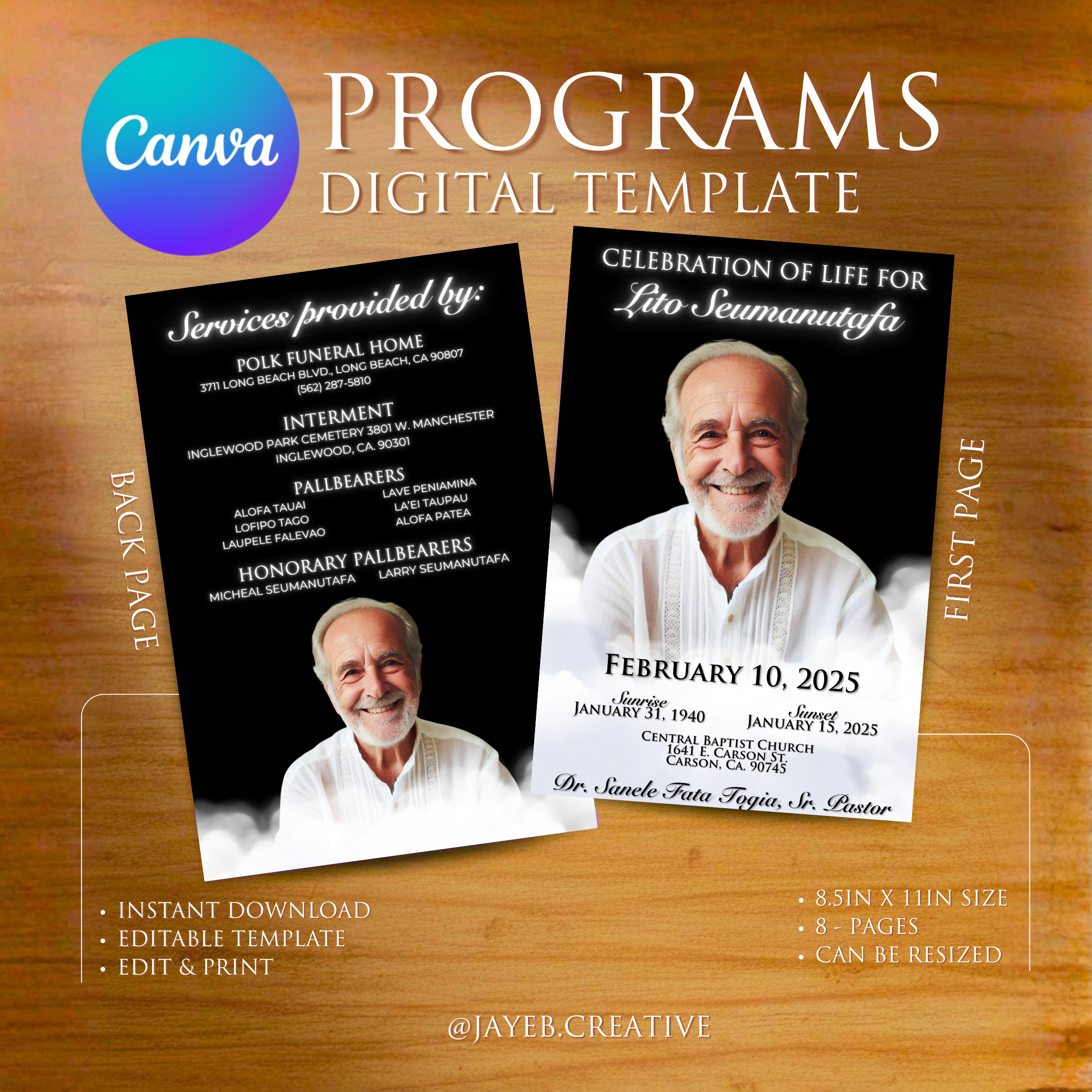 Funeral Program Template – Black & White Design Tribal | 8-Pages Half Size Canva Editable