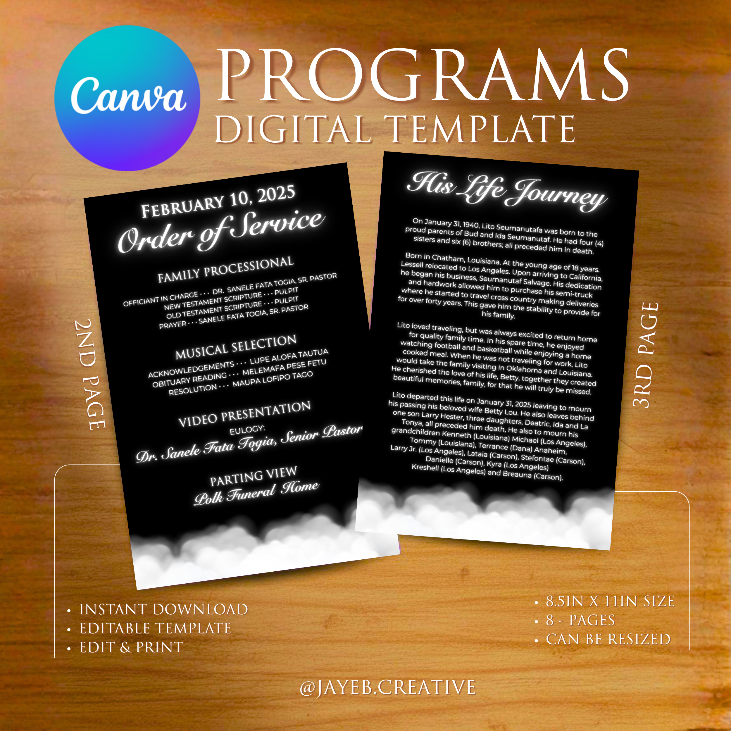 Funeral Program Template – Black & White Design Tribal | 8-Pages Half Size Canva Editable