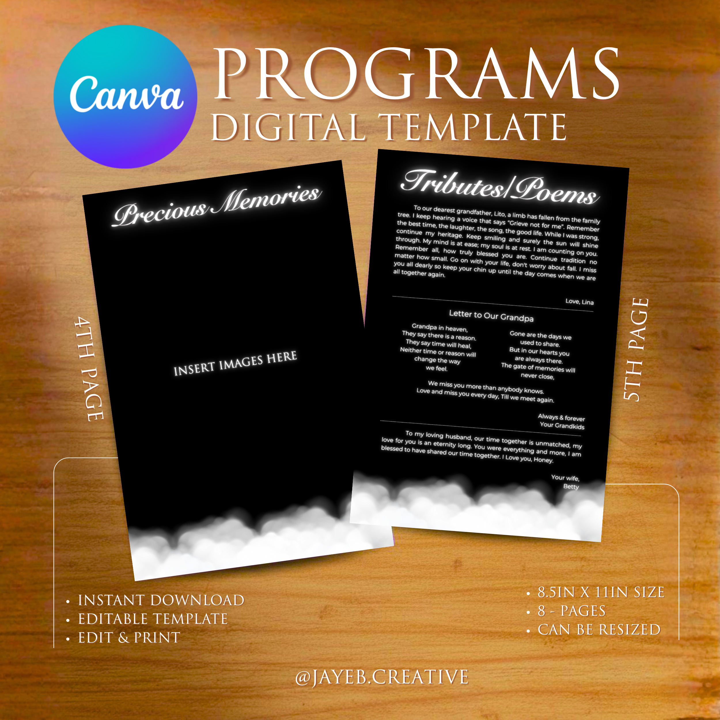 Funeral Program Template – Black & White Design Tribal | 8-Pages Half Size Canva Editable