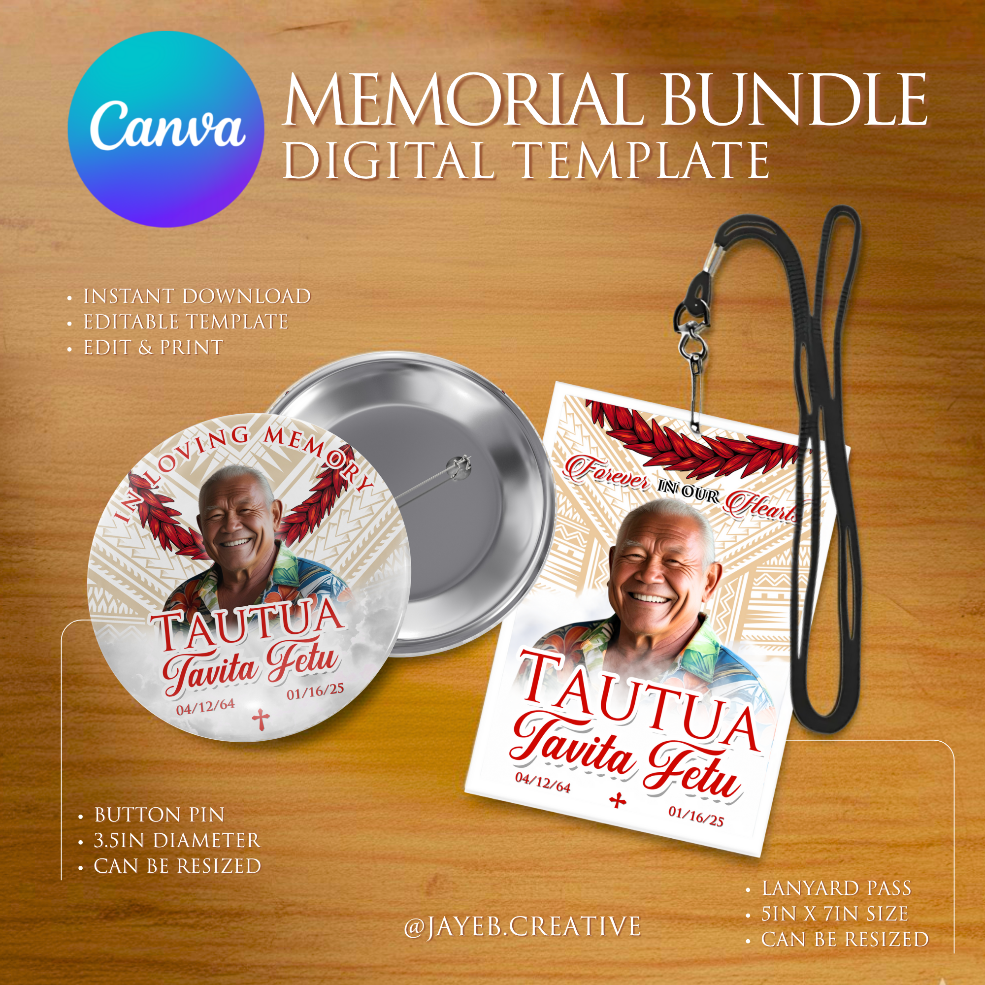 Button Pin & Lanyard – Red Ula Fala Tribal Design | Canva Digital Download