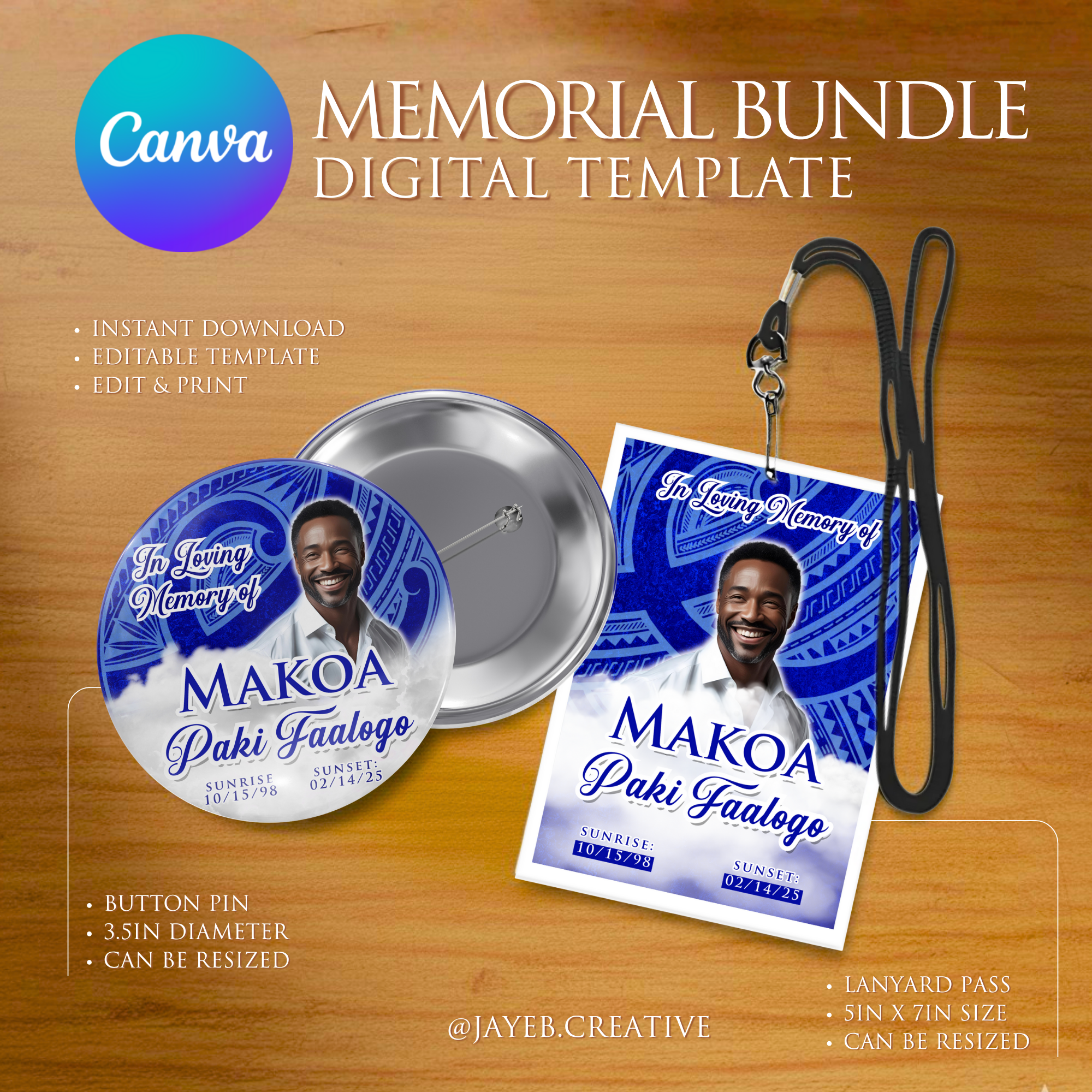 Button Pin & Lanyard – Blue Elegant Tribal Design | Canva Digital Download