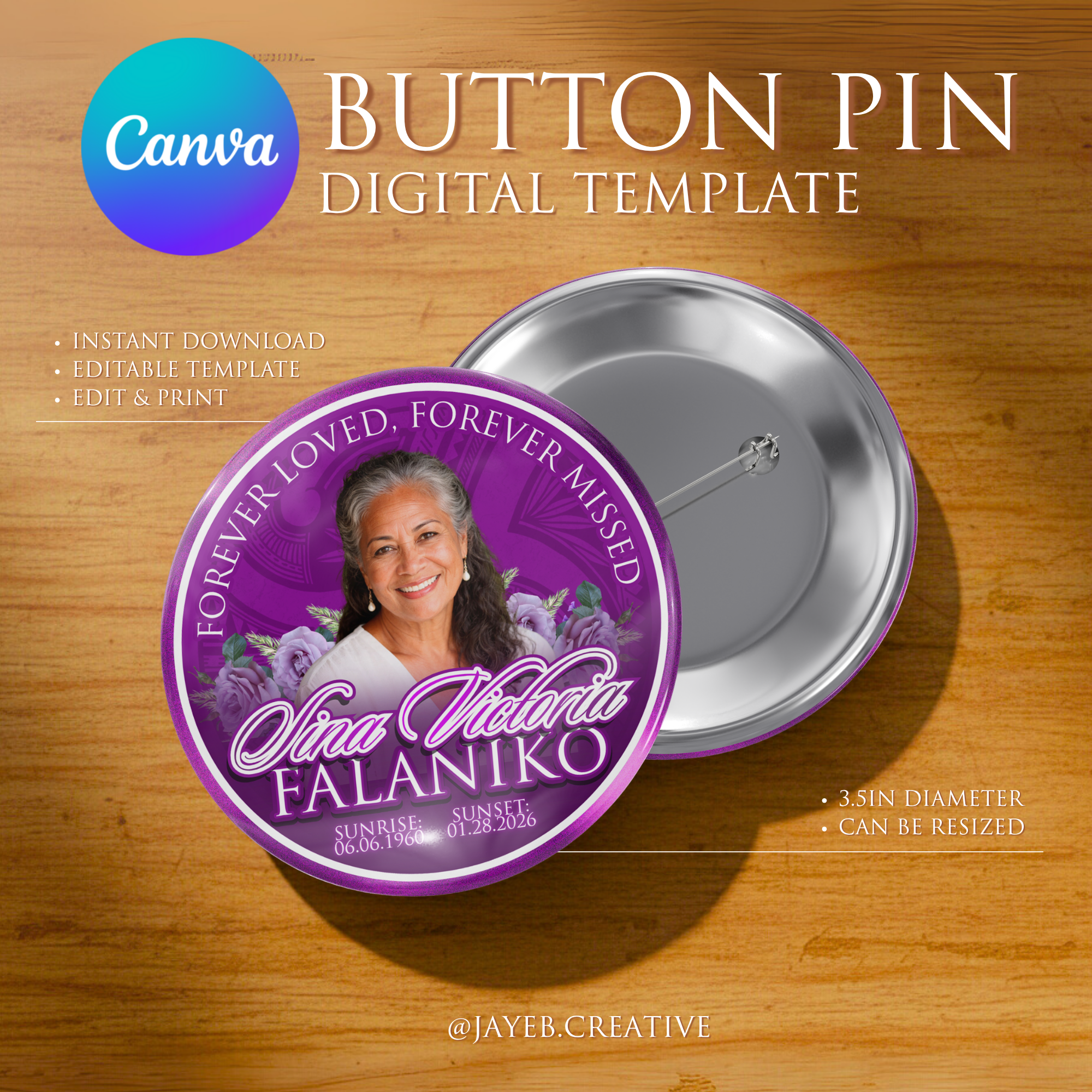Memorial Button Template – Purple Roses Polynesian Tribal | Canva Digital Download