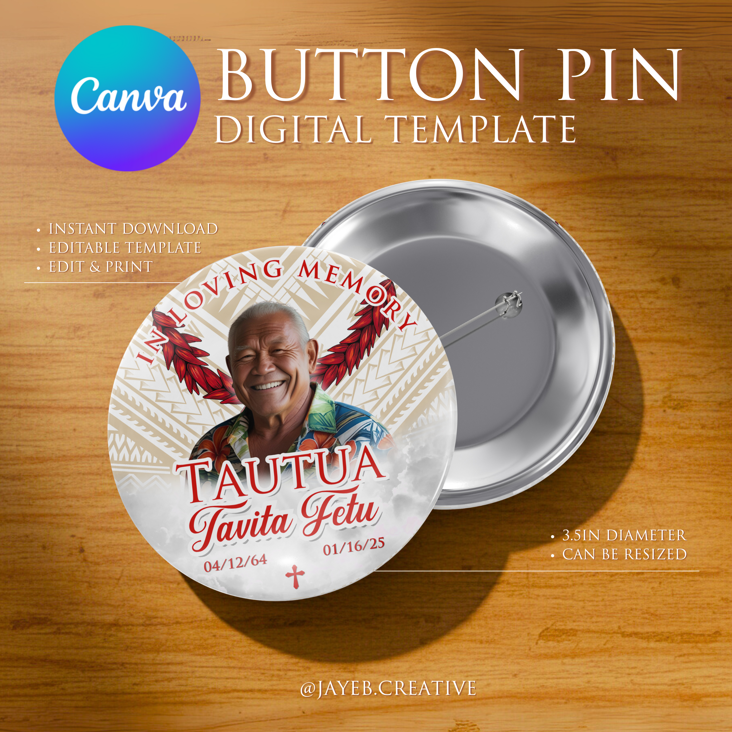 Memorial Button Template – Uala Fala Tribal | Canva Digital Download