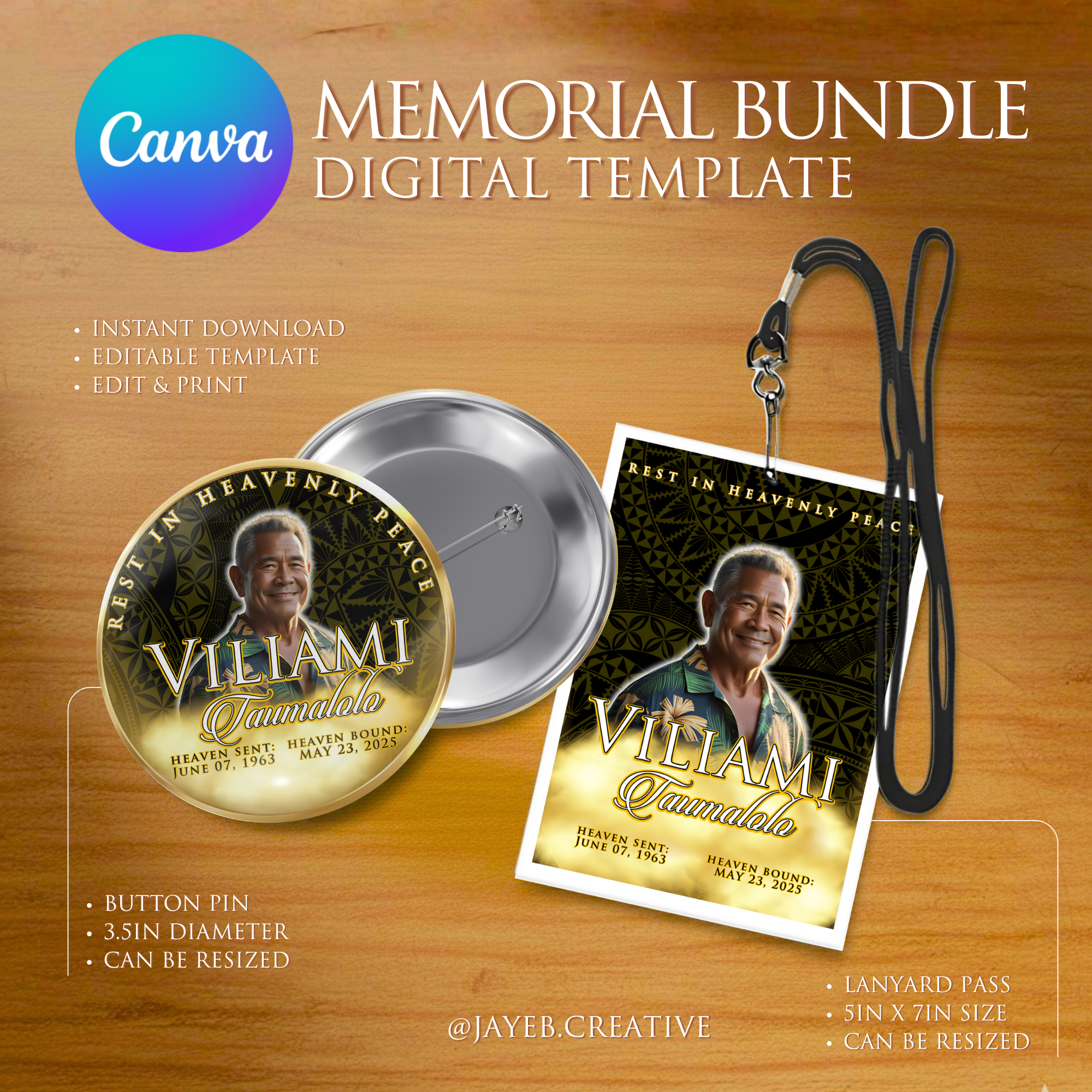Button Pin & Lanyard – Black & Gold Tribal Design | Canva Digital Download