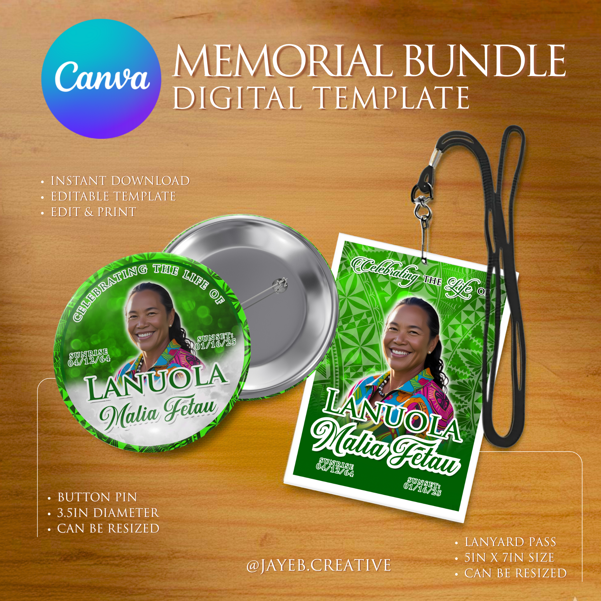 Button Pin & Lanyard – Green Elegant Tribal Design | Canva Digital Download