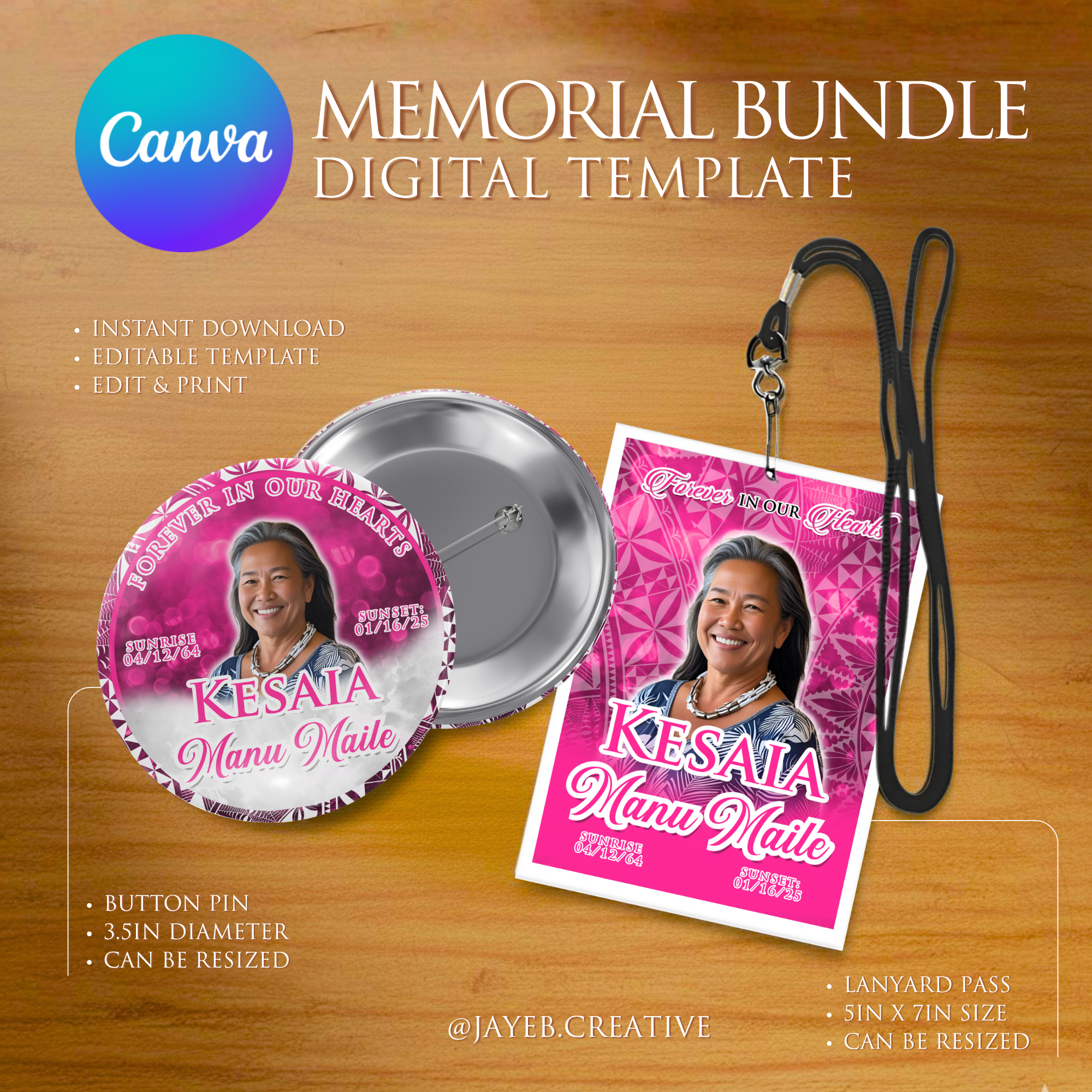 Button Pin & Lanyard – Pink Elegant Tribal Design | Canva Digital Download