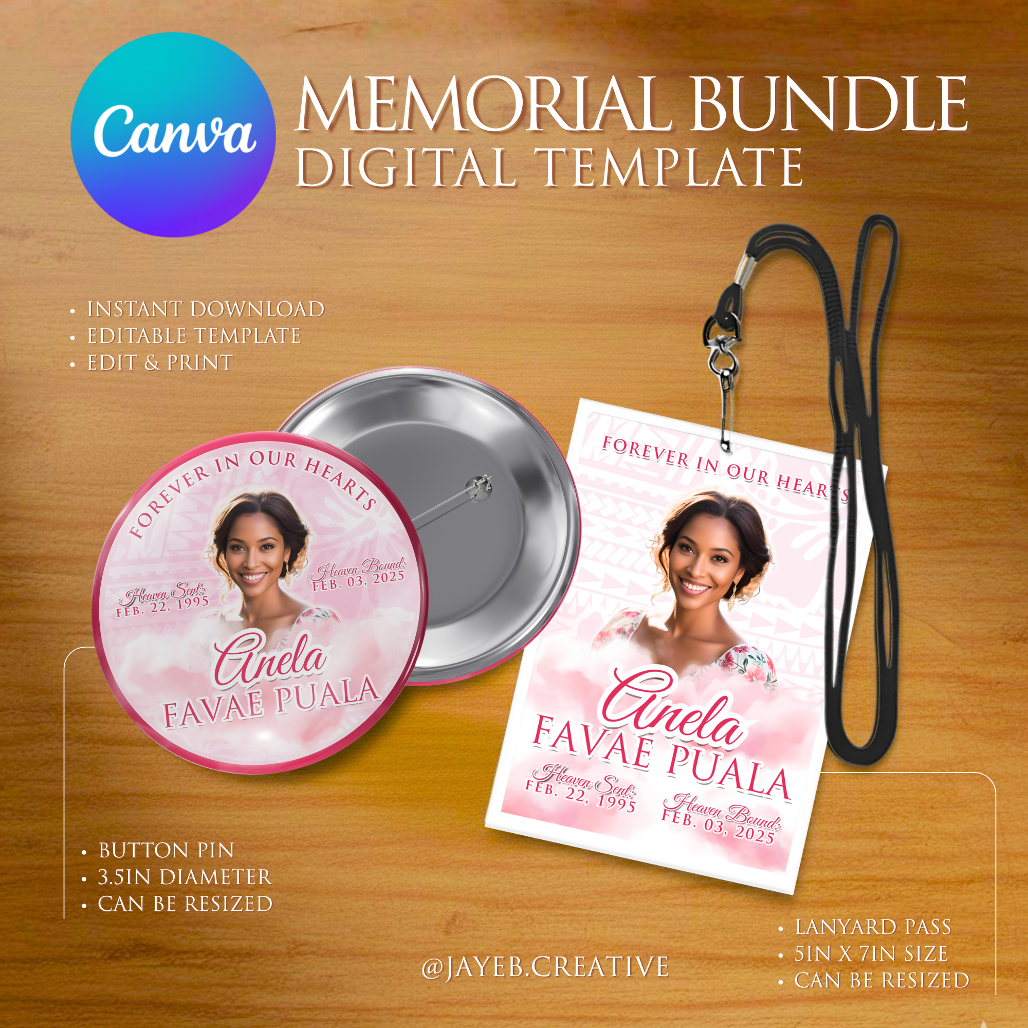 Button Pin & Lanyard – Light Pink Tribal Design | Canva Digital Download