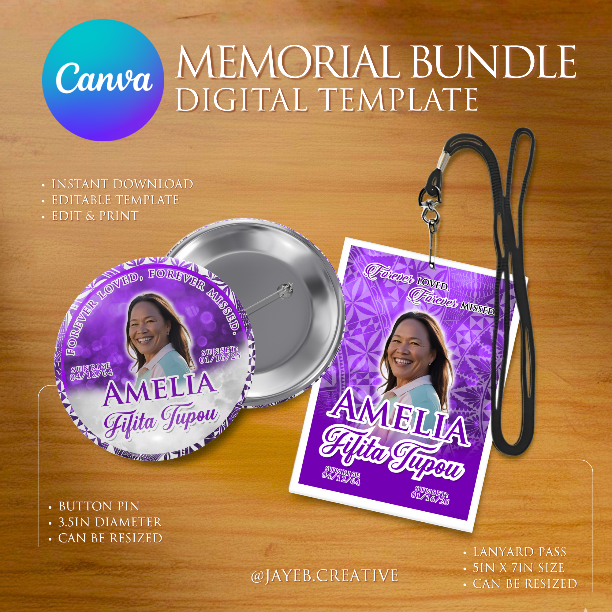 Button Pin & Lanyard – Purple Elegant Tribal Design | Canva Digital Download