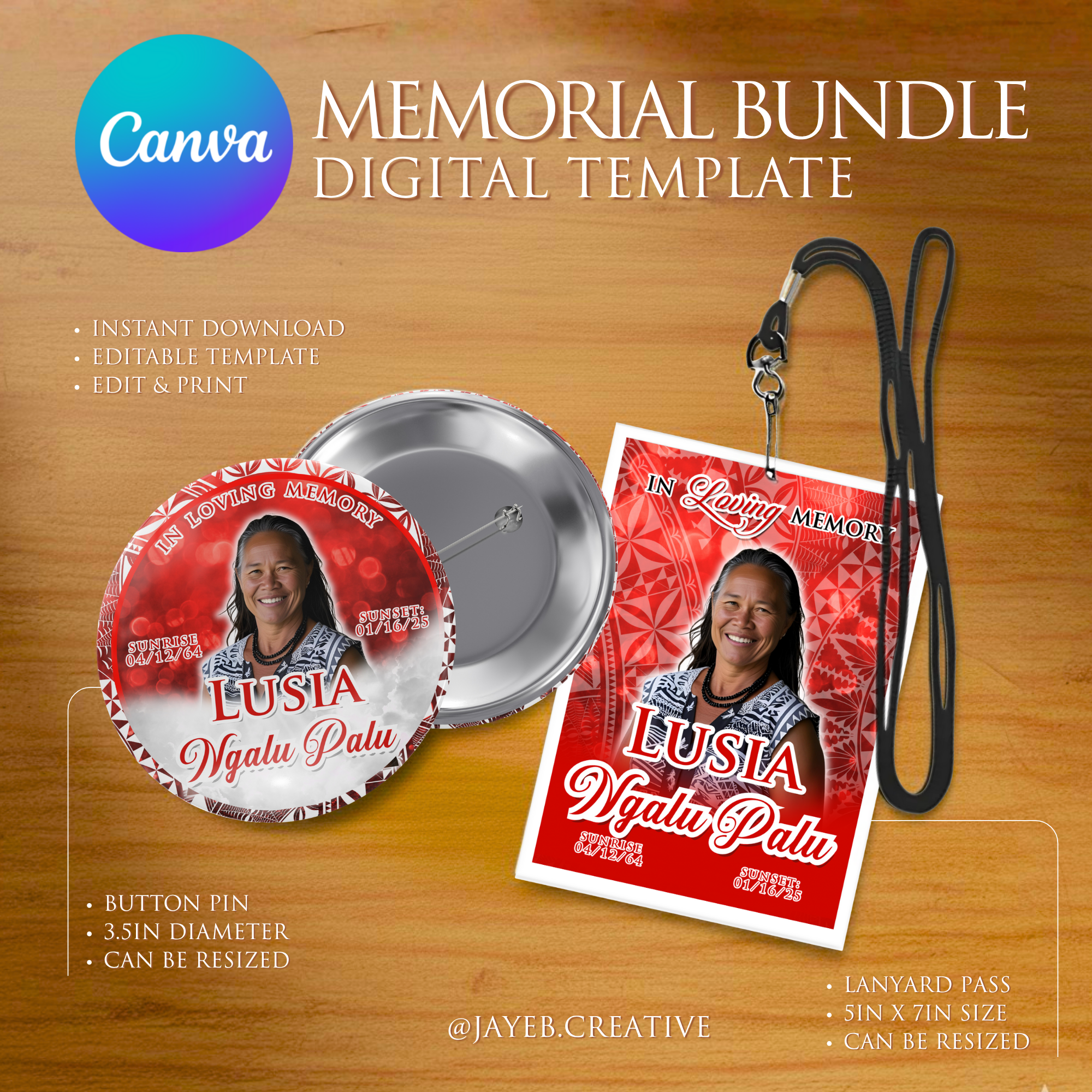 Button Pin & Lanyard – Red Elegant Tribal Design | Canva Digital Download