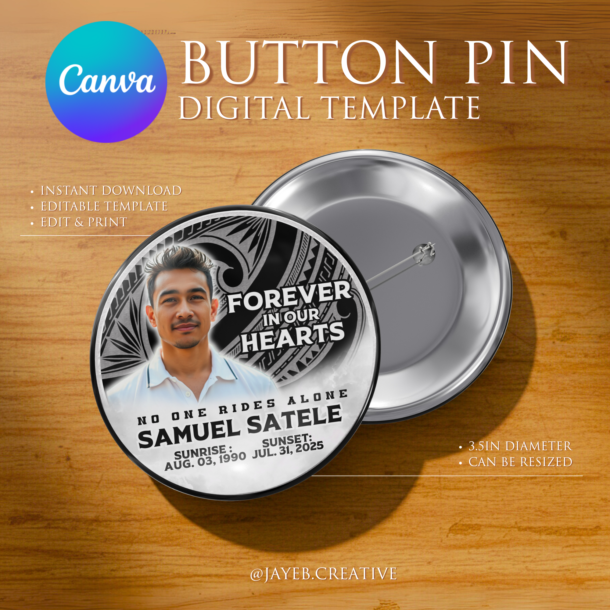 Memorial Button Template – Black Themed Tribal | Canva Digital Download