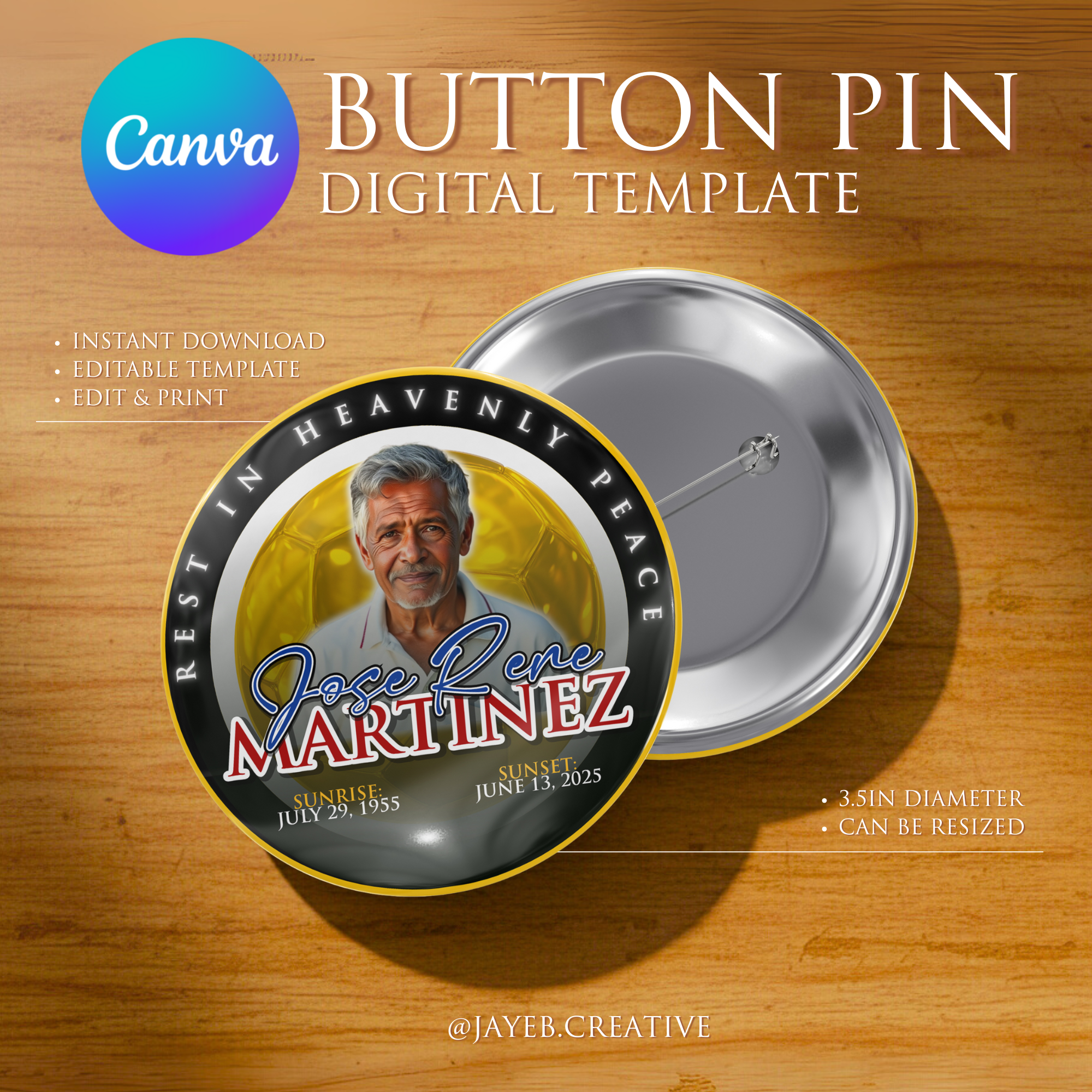 Memorial Button Template – Black Yellow Themed | Canva Digital Download