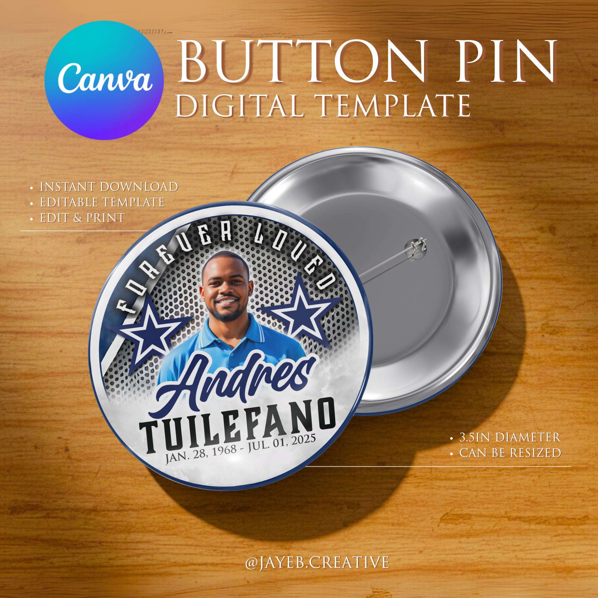 Memorial Button Template – Blue Star Themed | Canva Digital Download