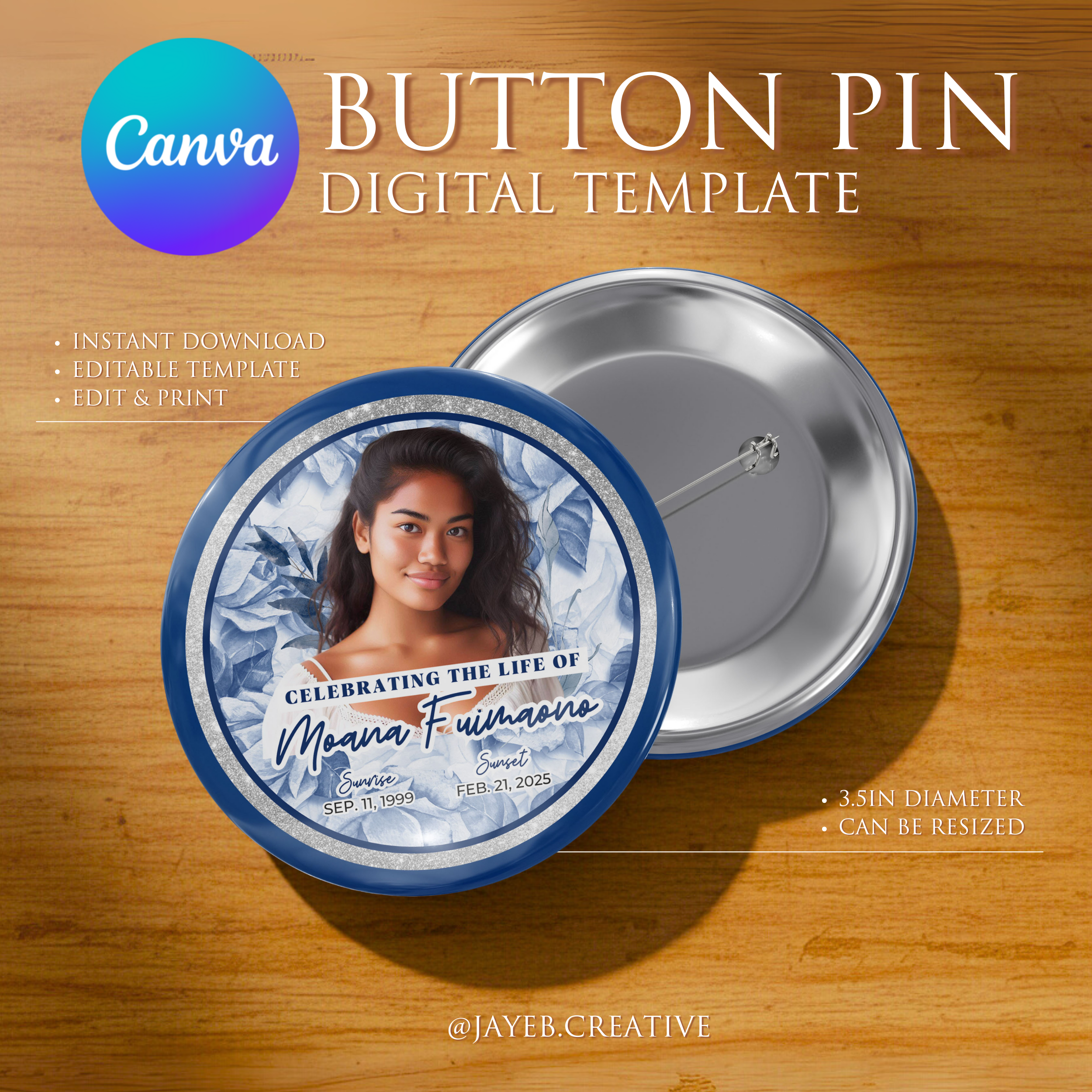 Memorial Button Template – Blue Floral Design | Canva Digital Download