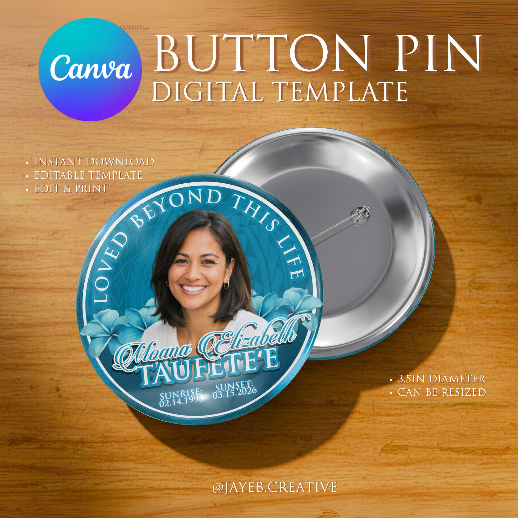 Memorial Button Template – Blue Tropical Hibiscus Tribal | Canva Digital Download