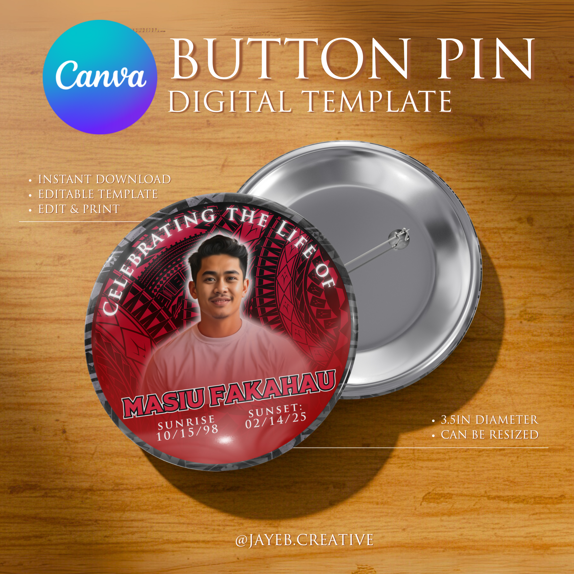 Memorial Button Template – Black Red Themed Tribal | Canva Digital Download