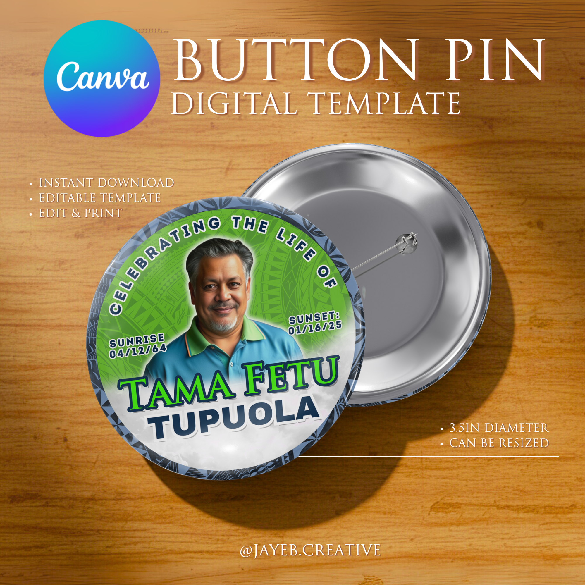Memorial Button Template – Blue Green Themed Tribal | Canva Digital Download