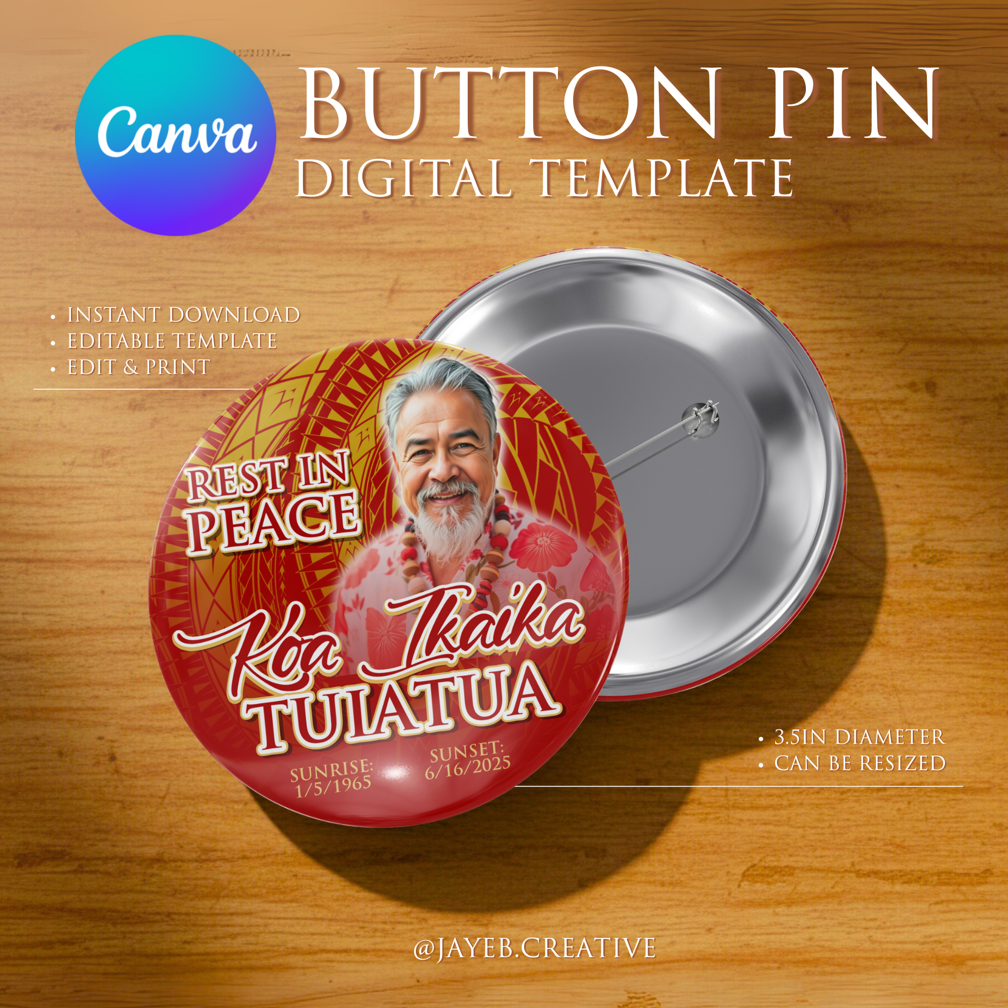 Memorial Button Template – Red Themed Tribal | Canva Digital Download