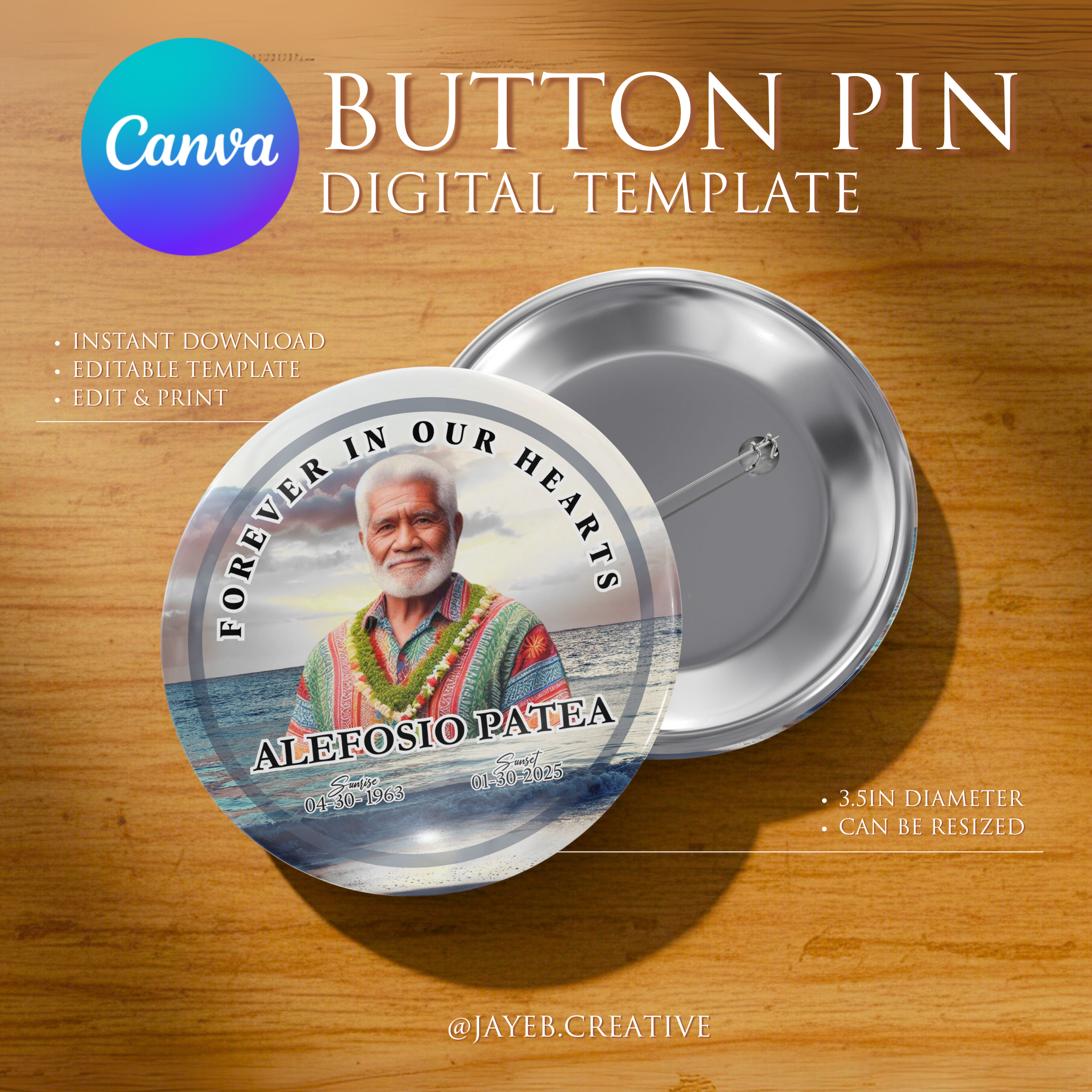 Memorial Button Template – Ocean Theme  | Canva Digital Download