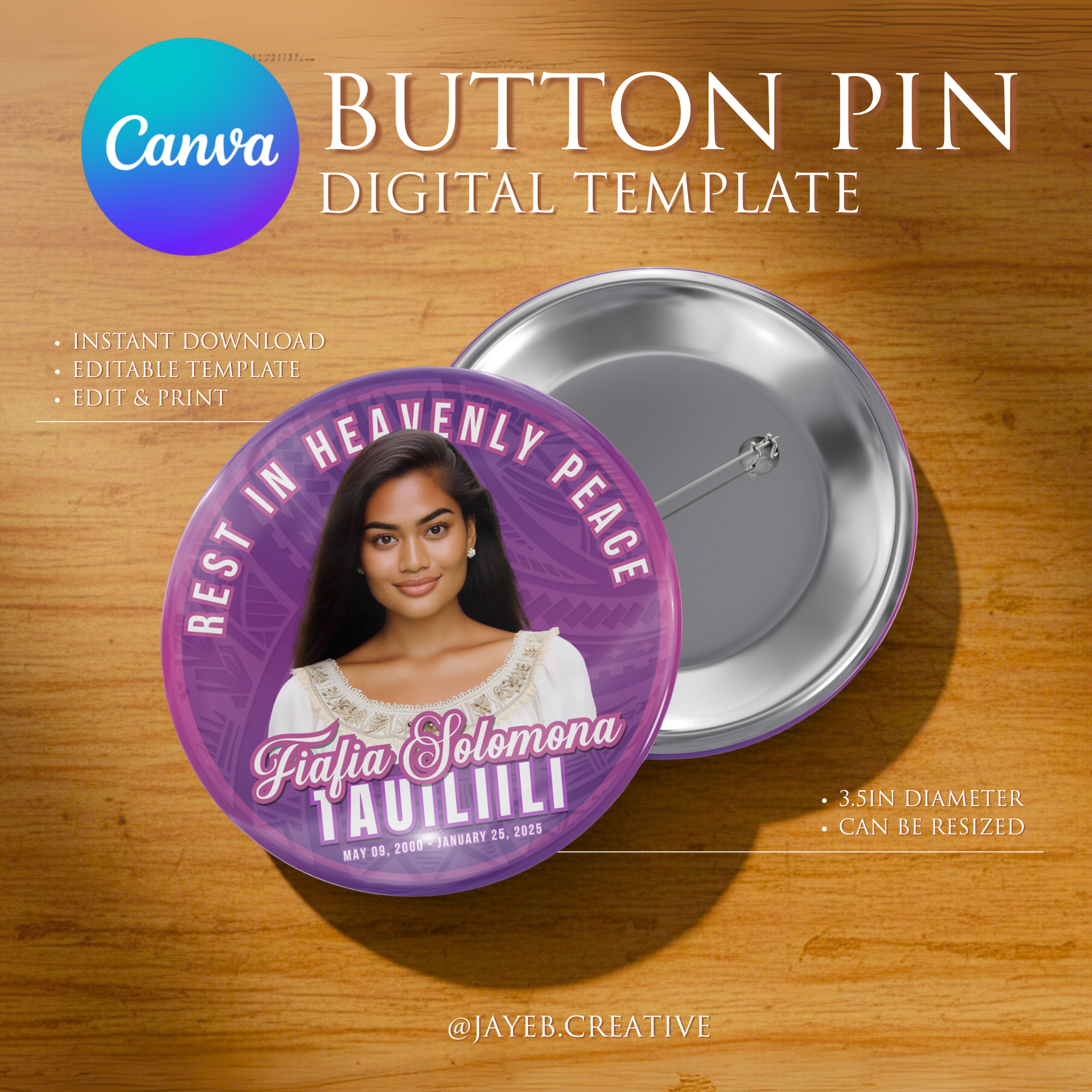 Memorial Button Template – Purple Pink Gradient Tribal | Canva Digital Download