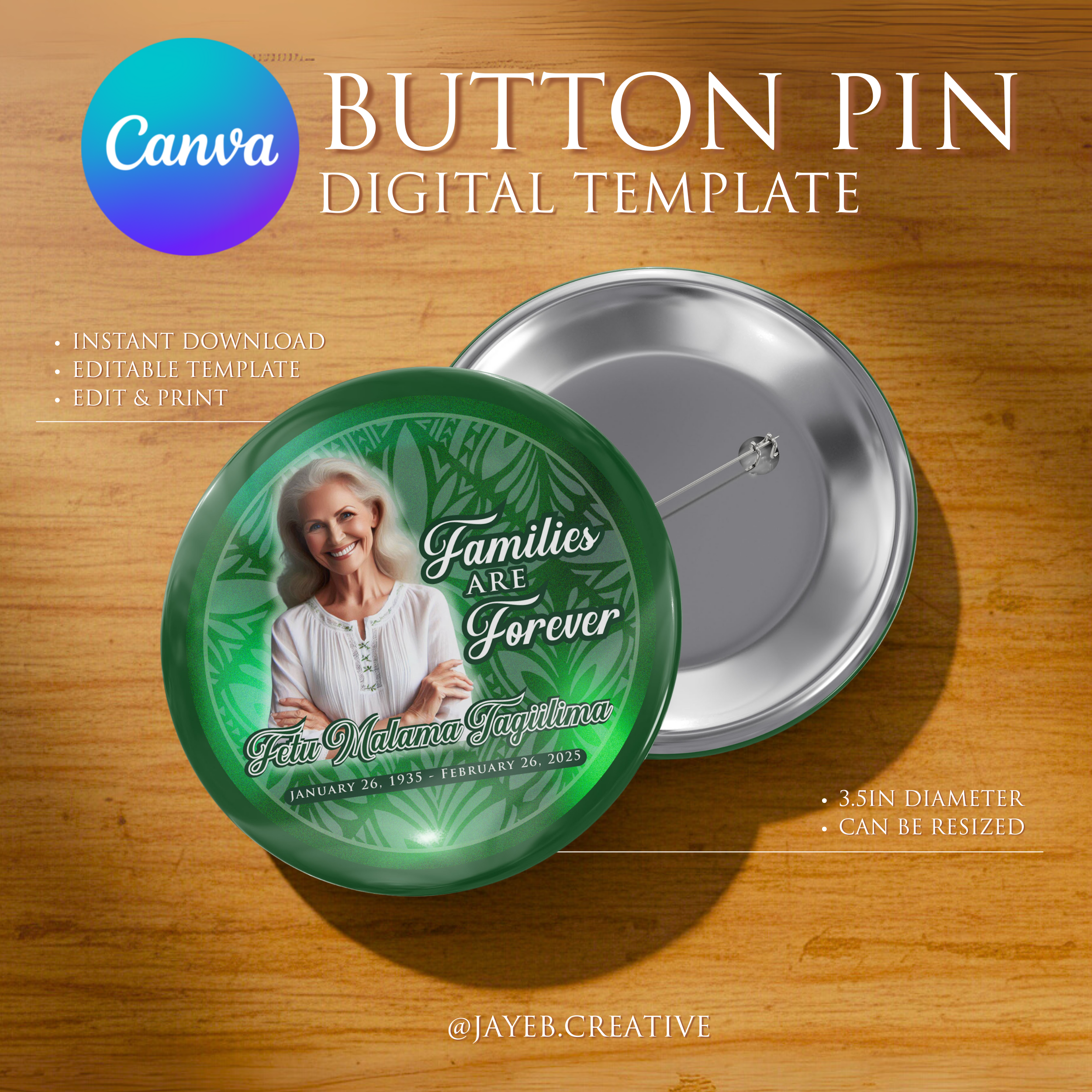 Memorial Button Template – Green Tribal | Canva Digital Download