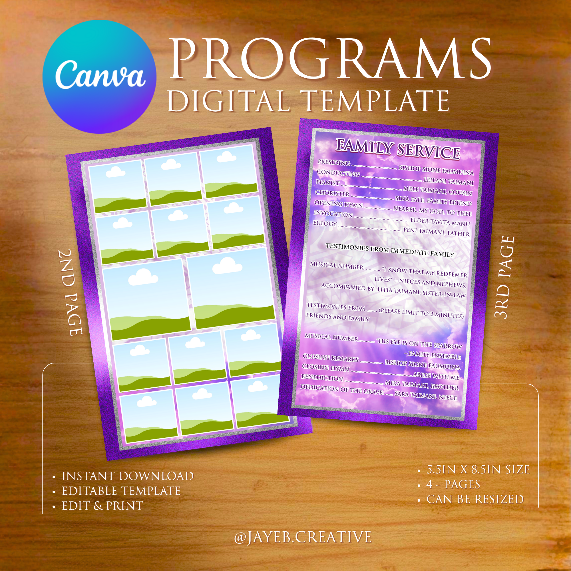 Funeral Program Template – Purple Floral Polynesian Tribal Design | 4-Page Half-Size Canva Editable