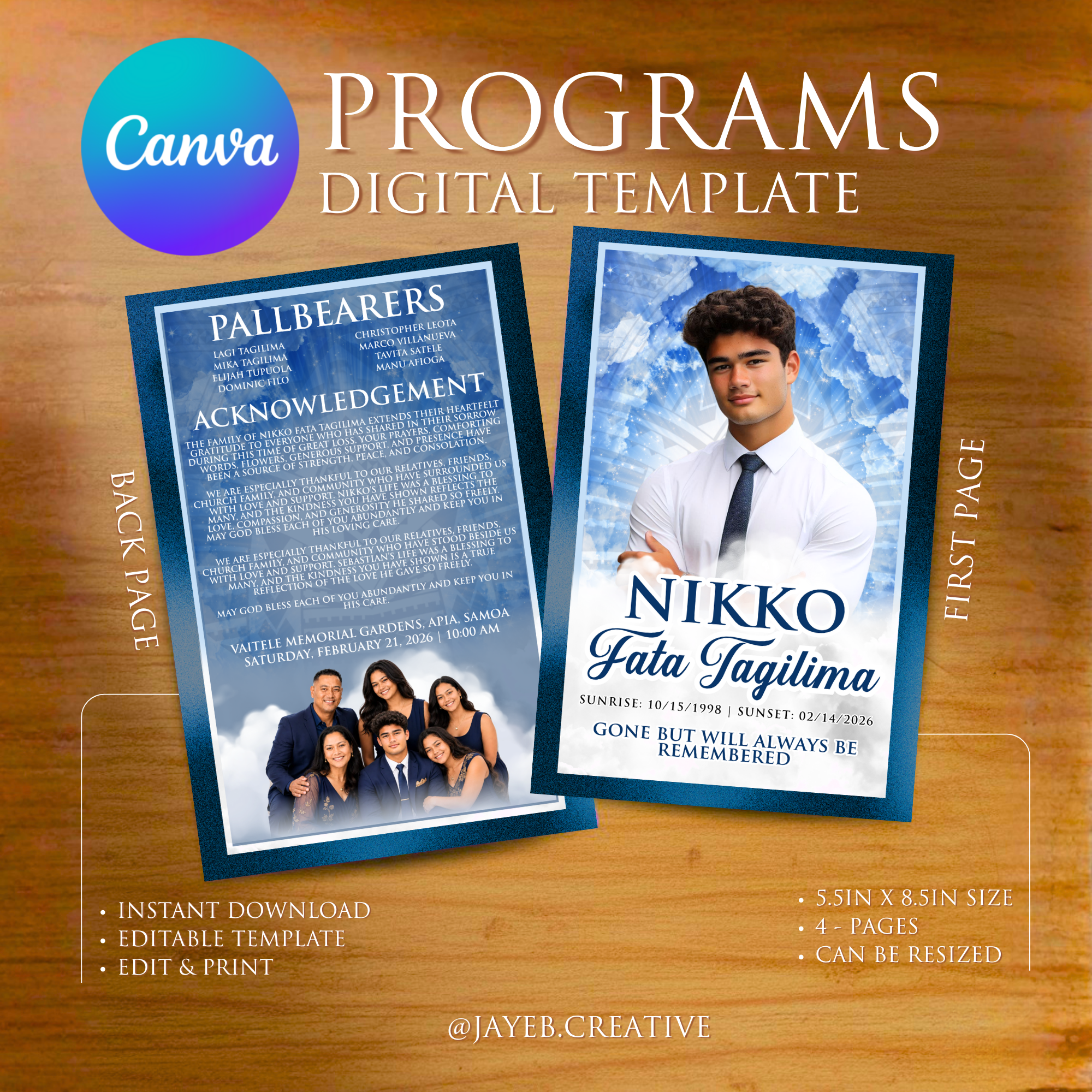 Funeral Program Template – Royal Blue Tribal Design | 4-Page Half-Size Canva Editable